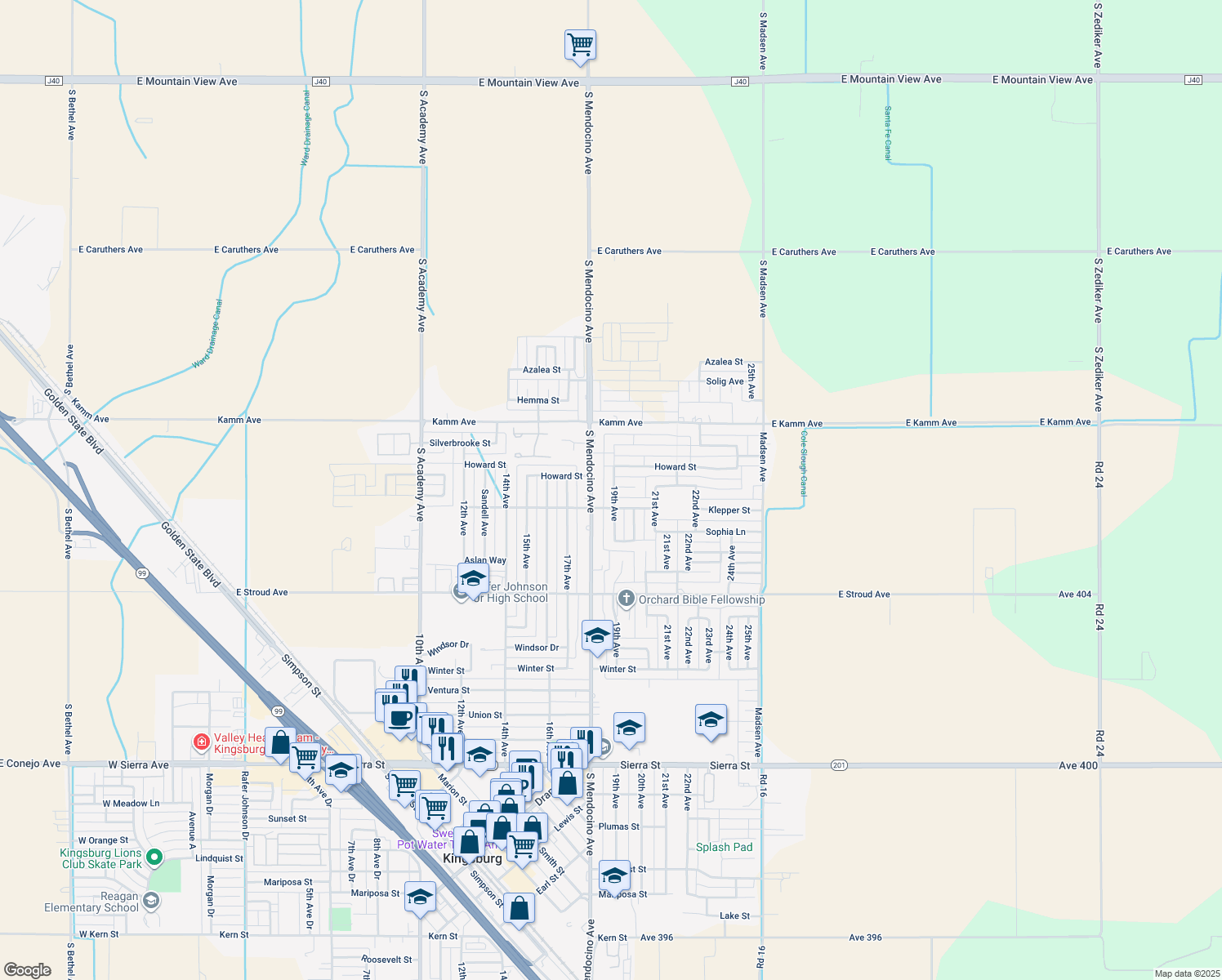 map of restaurants, bars, coffee shops, grocery stores, and more near 2621 19th Avenue in Kingsburg