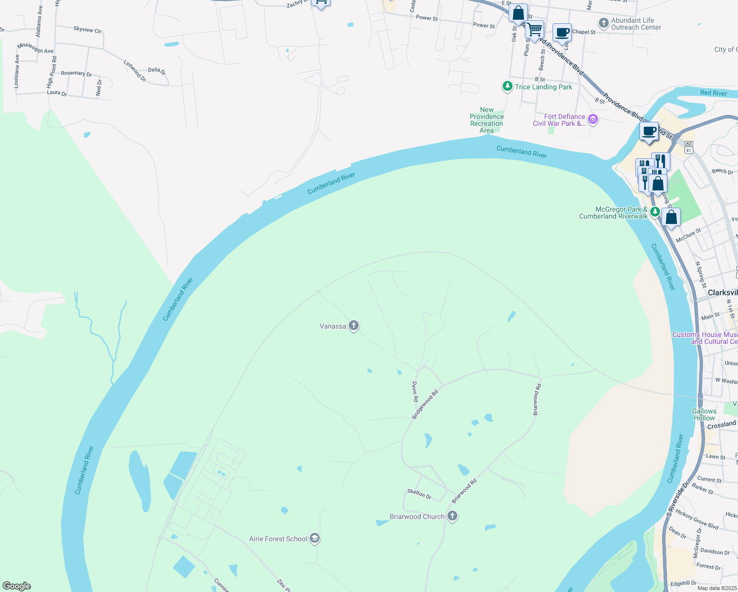 map of restaurants, bars, coffee shops, grocery stores, and more near 380 Hilltop Drive in Clarksville