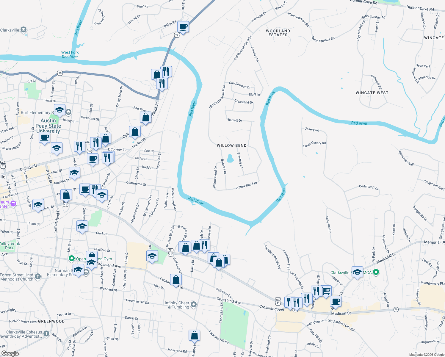 map of restaurants, bars, coffee shops, grocery stores, and more near 1308 Barbara Dr in Clarksville