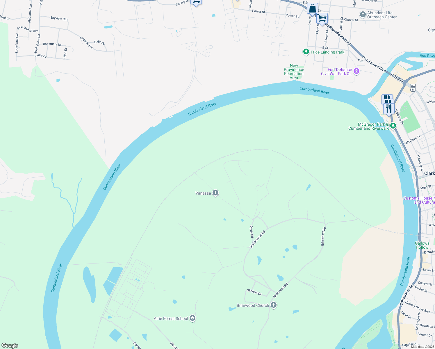 map of restaurants, bars, coffee shops, grocery stores, and more near 380 Hilltop Drive in Clarksville