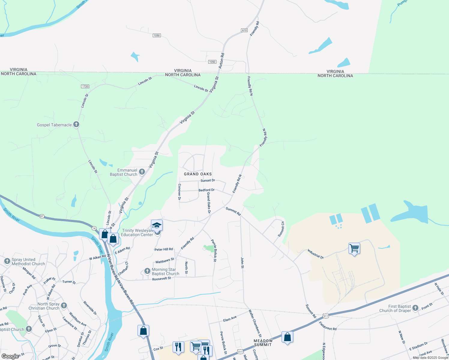 map of restaurants, bars, coffee shops, grocery stores, and more near 335 Sunset Drive in Eden