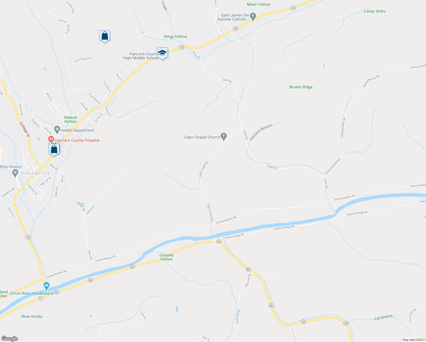 map of restaurants, bars, coffee shops, grocery stores, and more near 736 Gaps Chapel Road in Sneedville