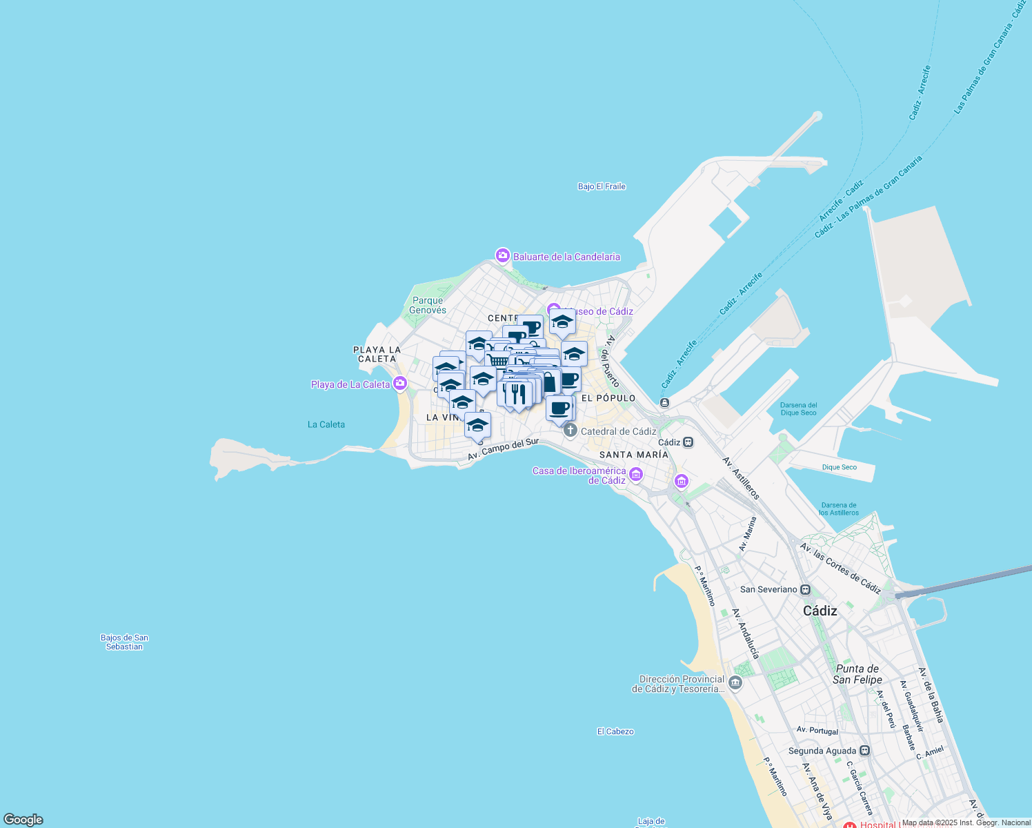 map of restaurants, bars, coffee shops, grocery stores, and more near 2 Plaza Libertad in Cádiz
