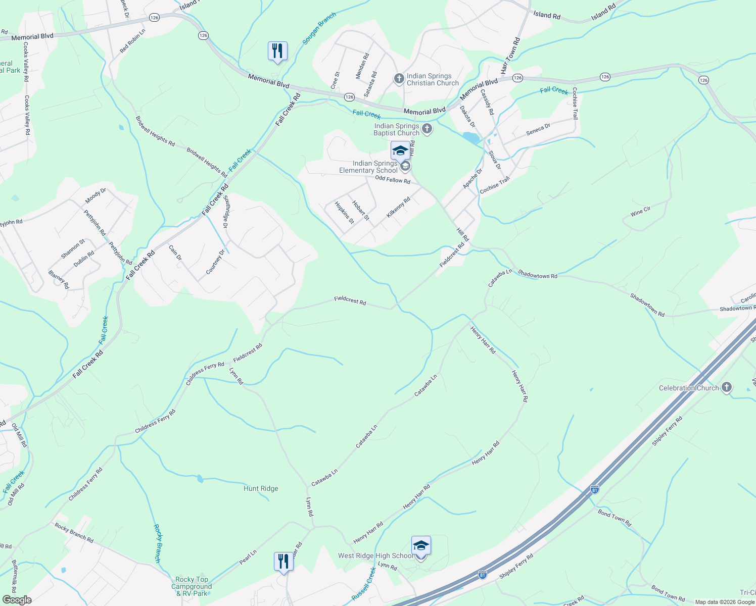 map of restaurants, bars, coffee shops, grocery stores, and more near 410 Fieldcrest Road in Blountville