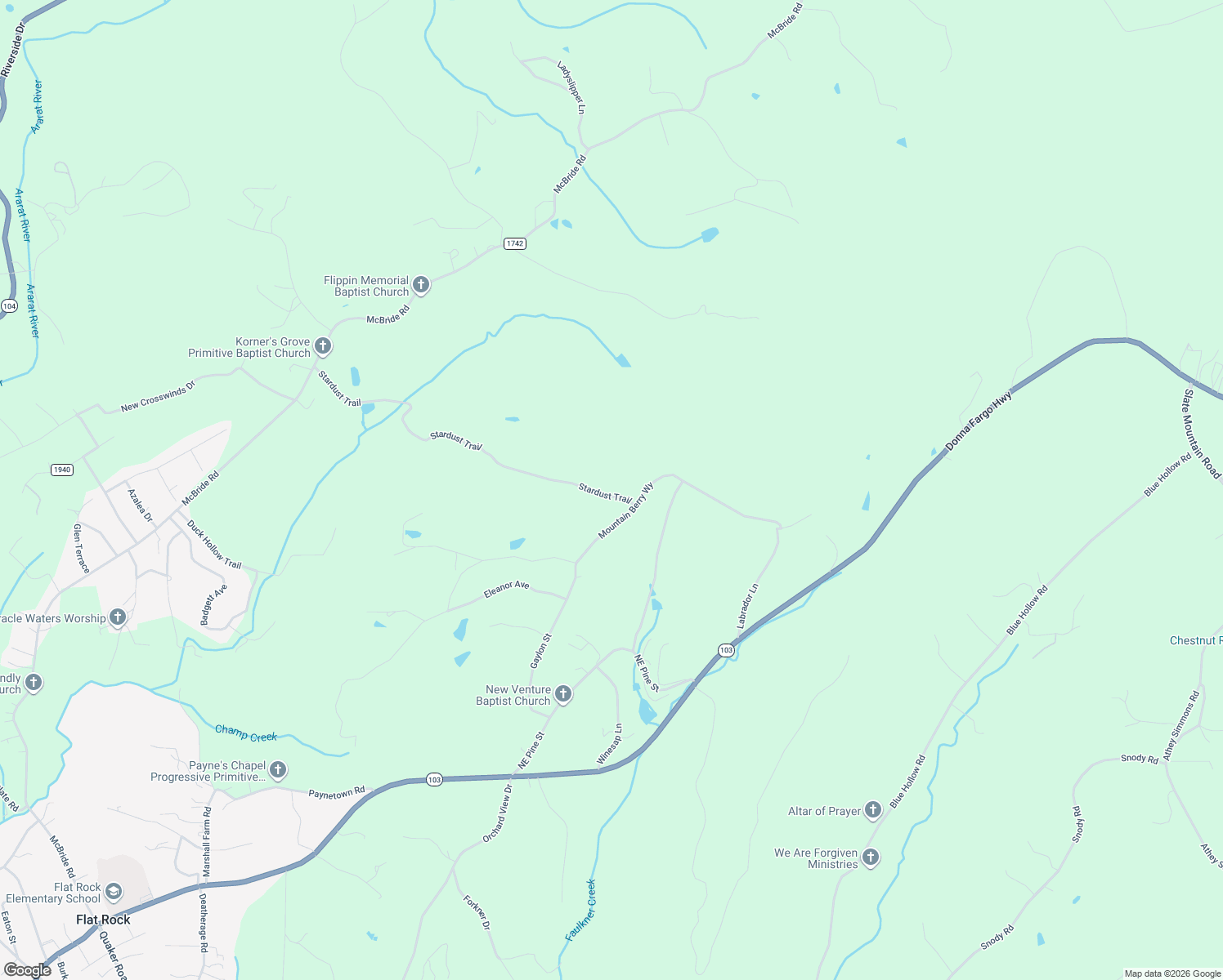 map of restaurants, bars, coffee shops, grocery stores, and more near 263 Mountain Berry Way in Mount Airy