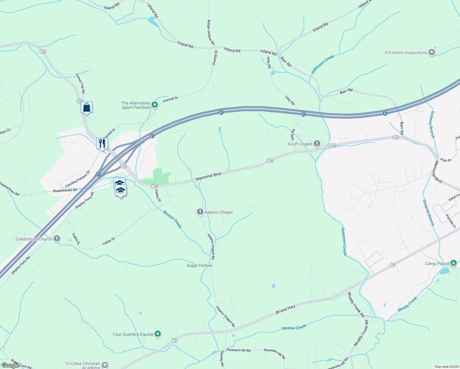 map of restaurants, bars, coffee shops, grocery stores, and more near 4756 Highway 126 in Blountville