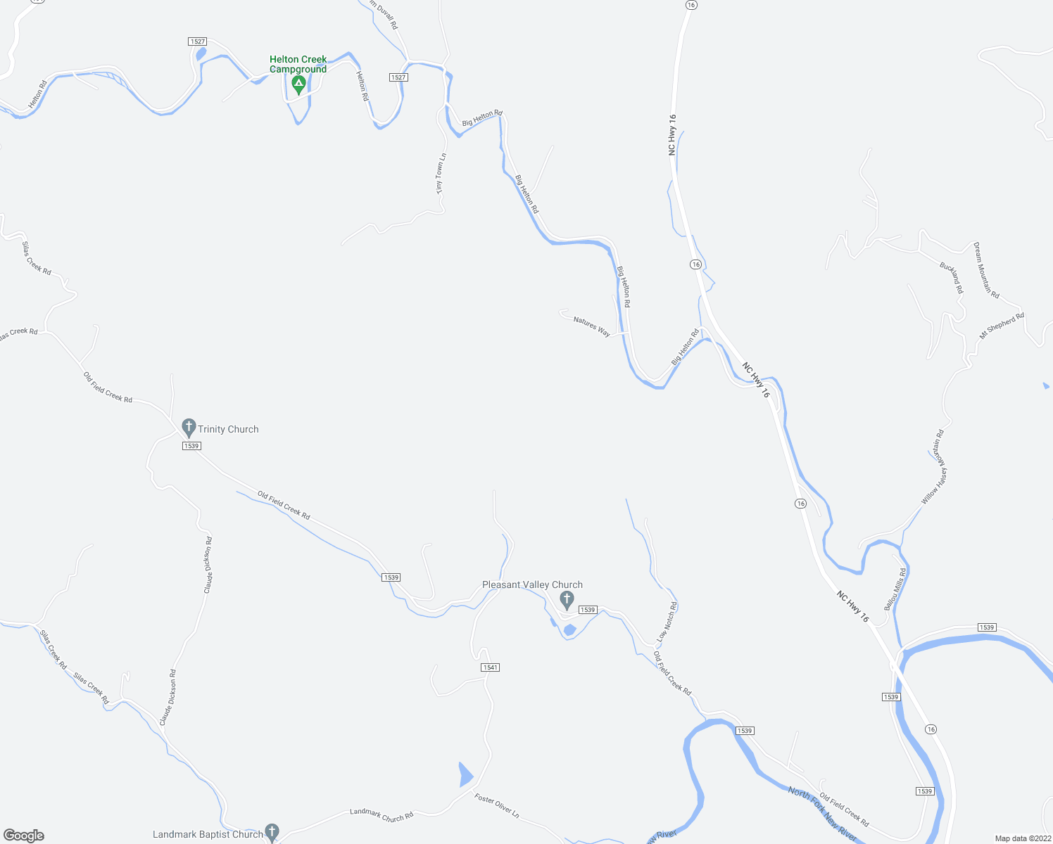 map of restaurants, bars, coffee shops, grocery stores, and more near 3942 Old Field Creek Road in Grassy Creek