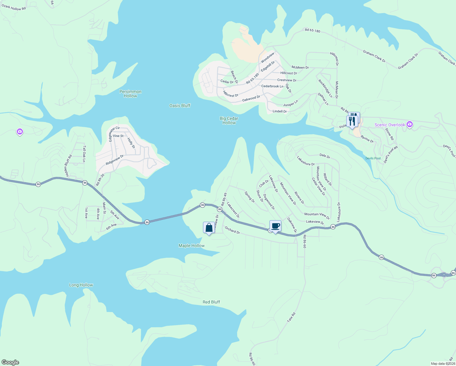map of restaurants, bars, coffee shops, grocery stores, and more near 385 Road 86-49 in Ridgedale