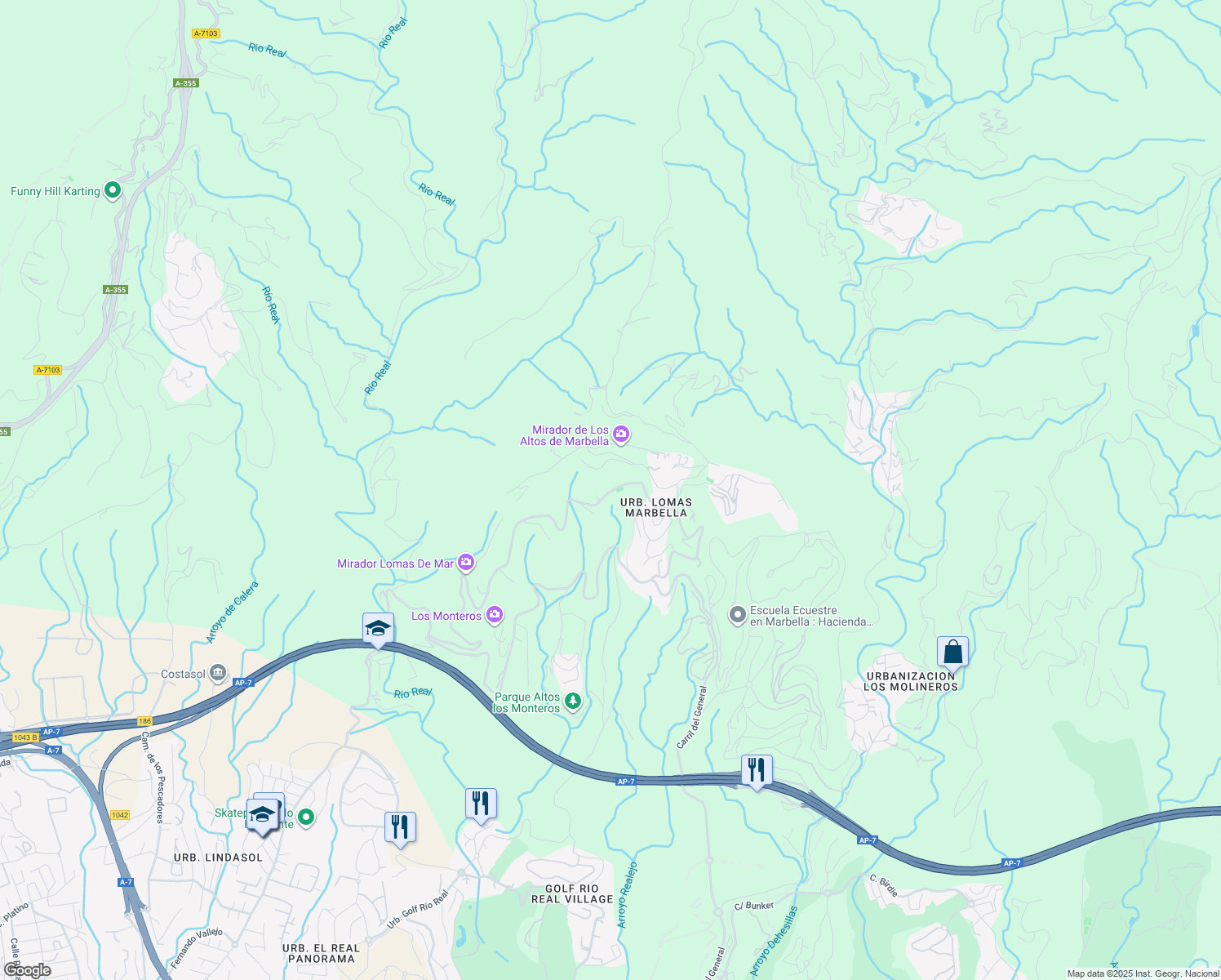map of restaurants, bars, coffee shops, grocery stores, and more near 21E Carretera de Lomas de Marbella in Marbella