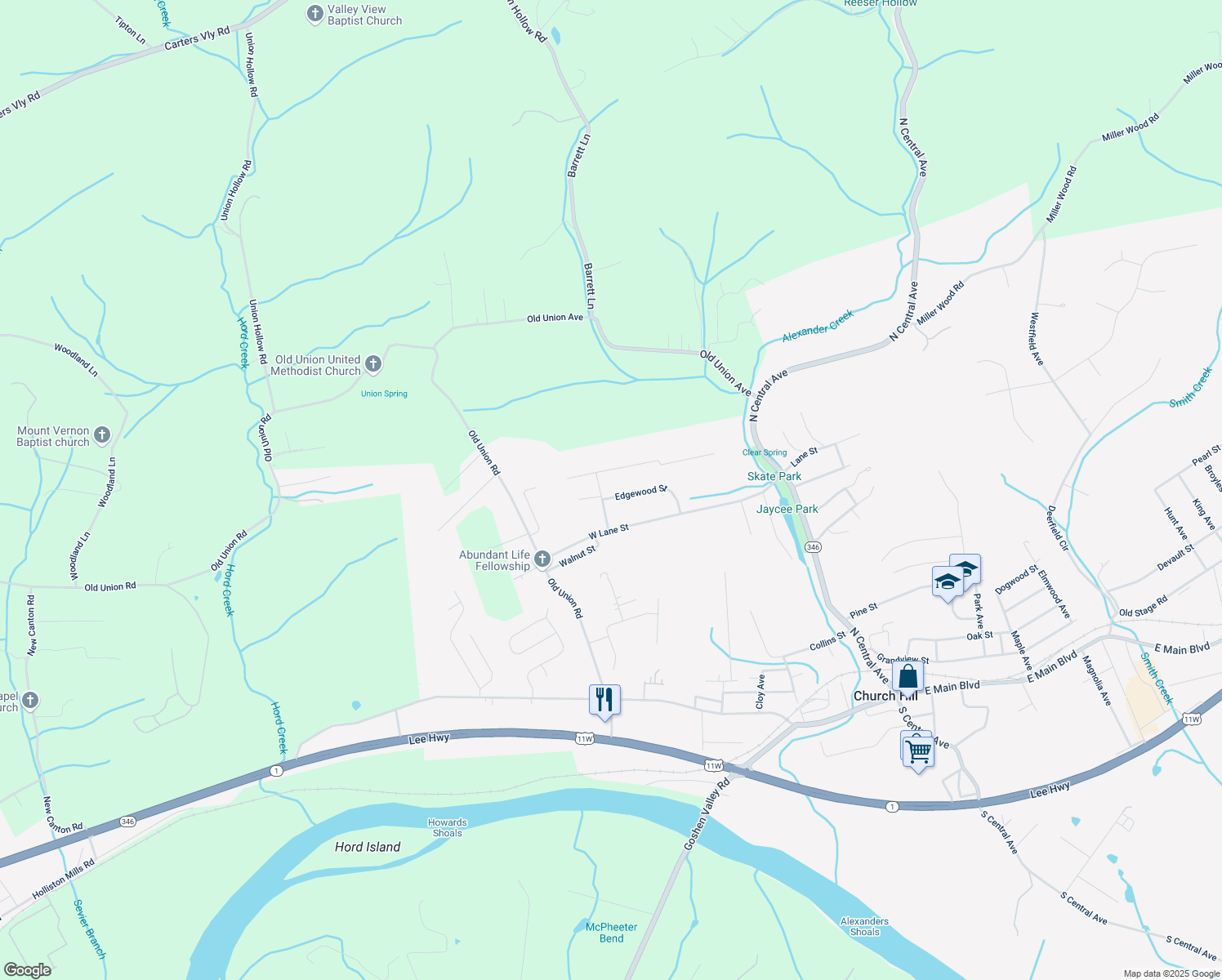 map of restaurants, bars, coffee shops, grocery stores, and more near 354 Edgewood St in Church Hill