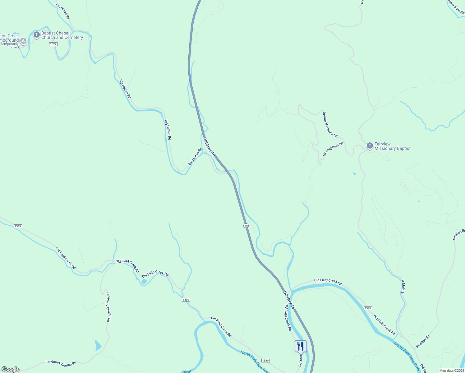 map of restaurants, bars, coffee shops, grocery stores, and more near 9263 North Carolina 16 in Grassy Creek