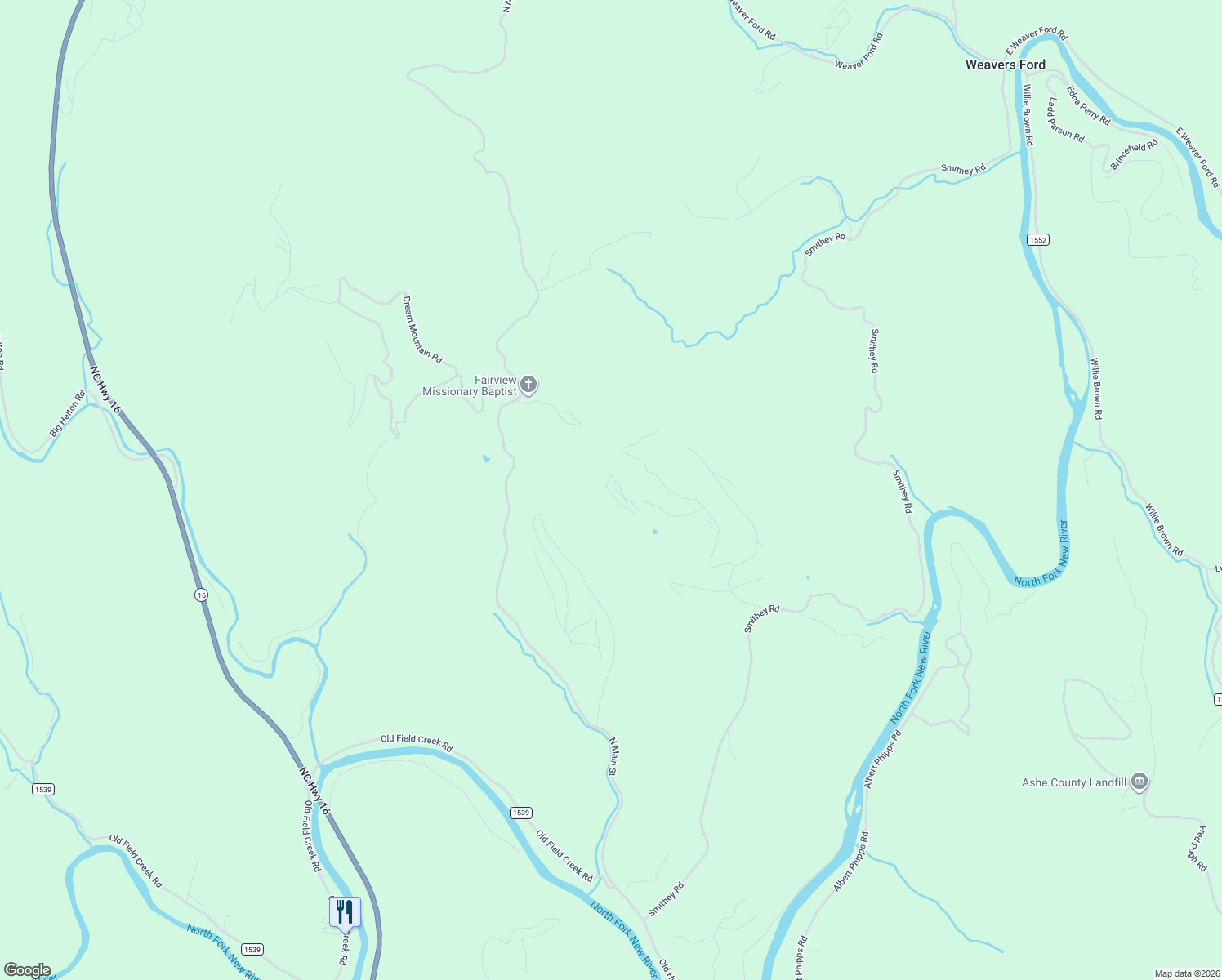 map of restaurants, bars, coffee shops, grocery stores, and more near 283 Deer Ridge Road in Ashe