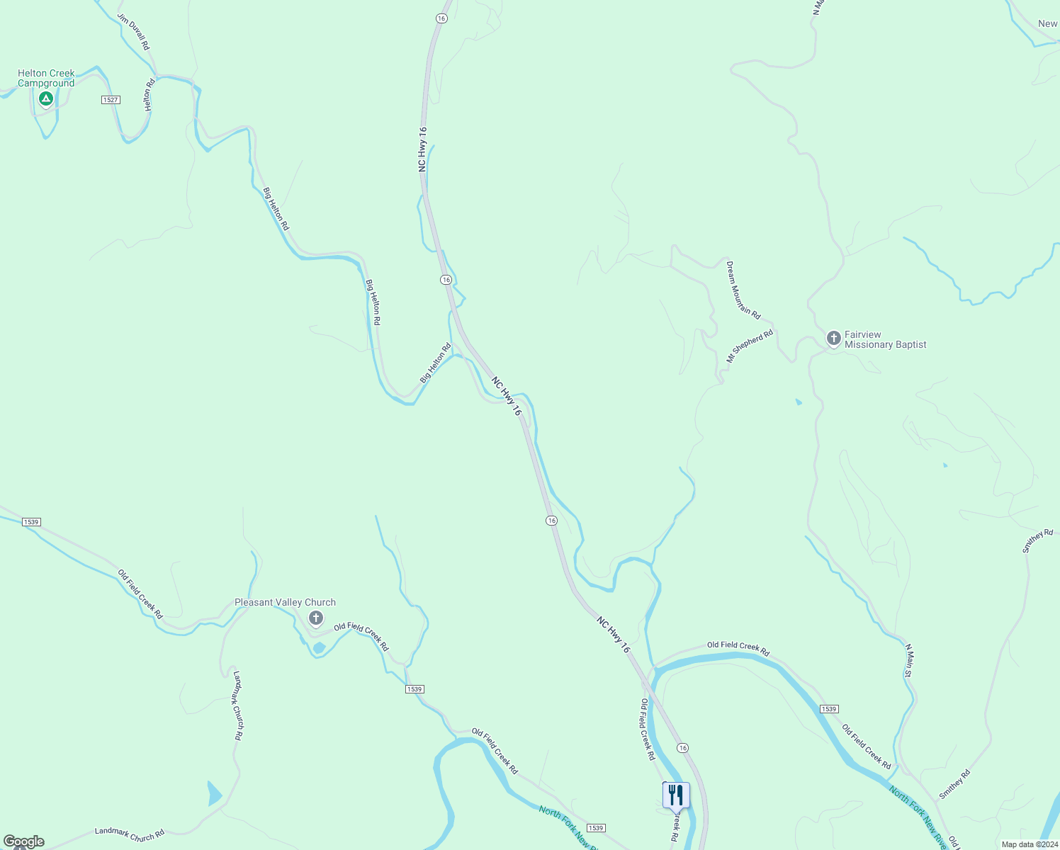 map of restaurants, bars, coffee shops, grocery stores, and more near 14 Big Helton Road in Grassy Creek