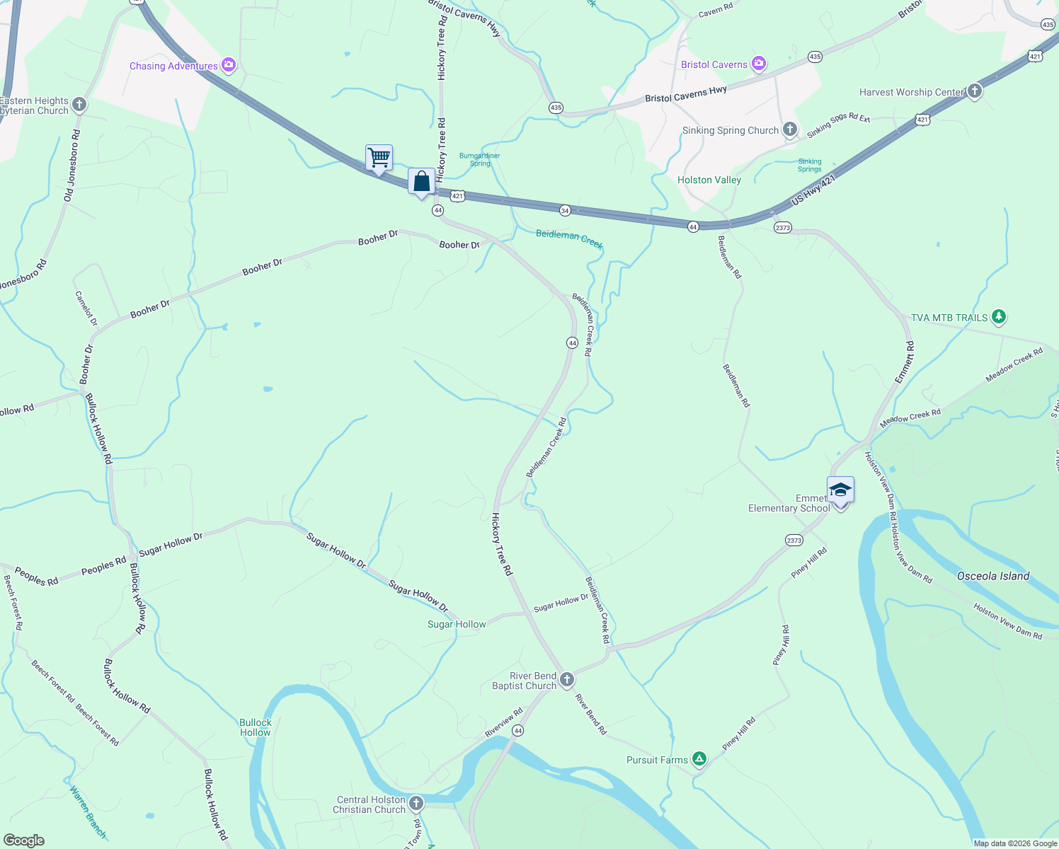 map of restaurants, bars, coffee shops, grocery stores, and more near 867 Hickory Tree Road in Bristol