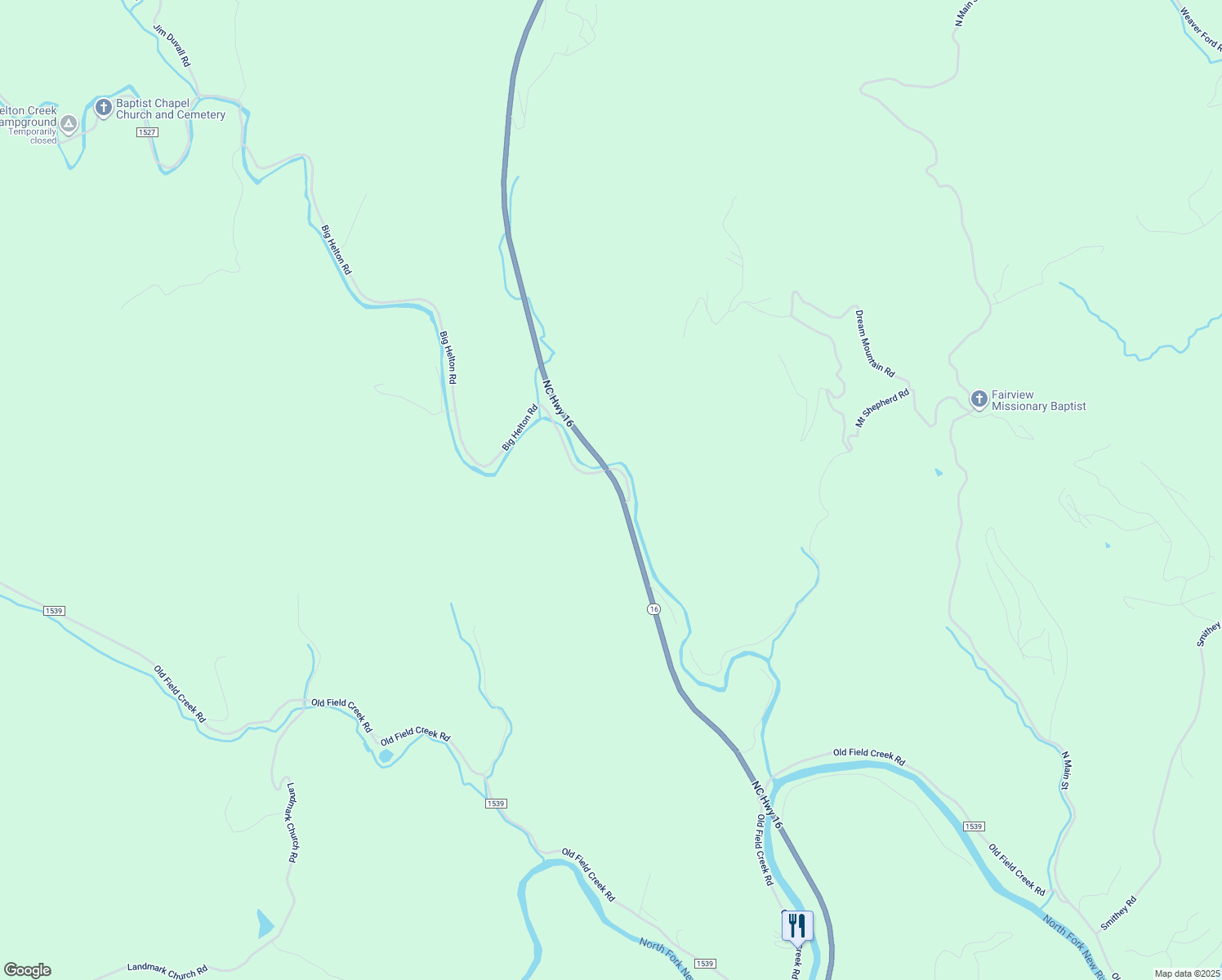 map of restaurants, bars, coffee shops, grocery stores, and more near 9263 North Carolina 16 in Grassy Creek