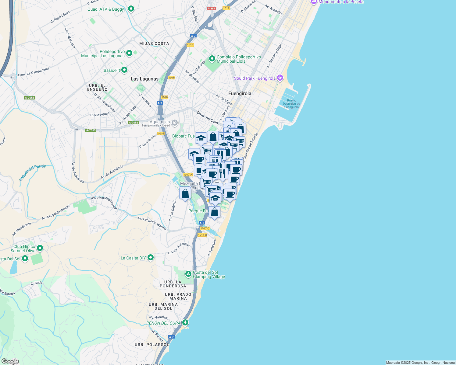 map of restaurants, bars, coffee shops, grocery stores, and more near 44 Calle Madrid in Fuengirola