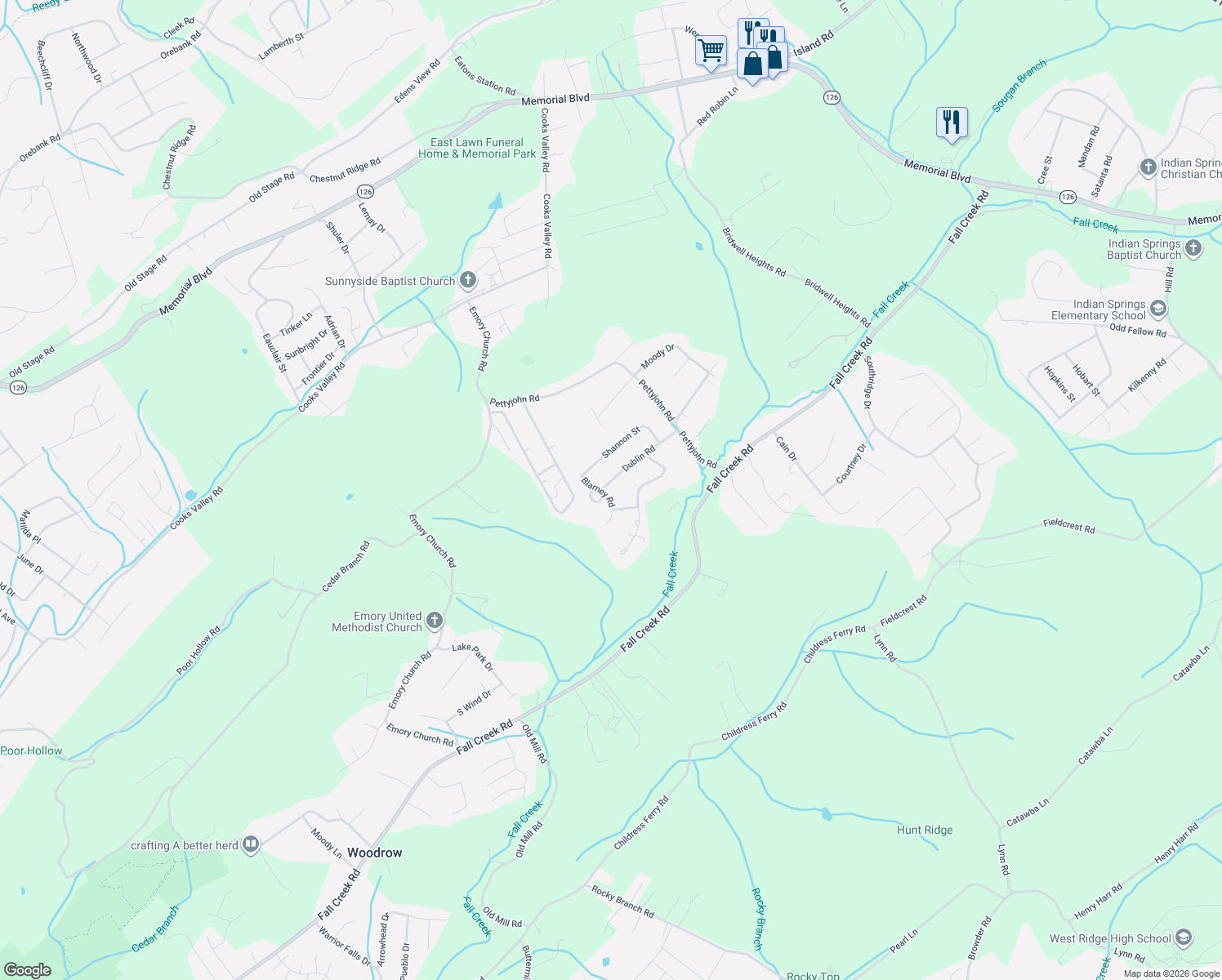 map of restaurants, bars, coffee shops, grocery stores, and more near 5007 Dublin Road in Kingsport