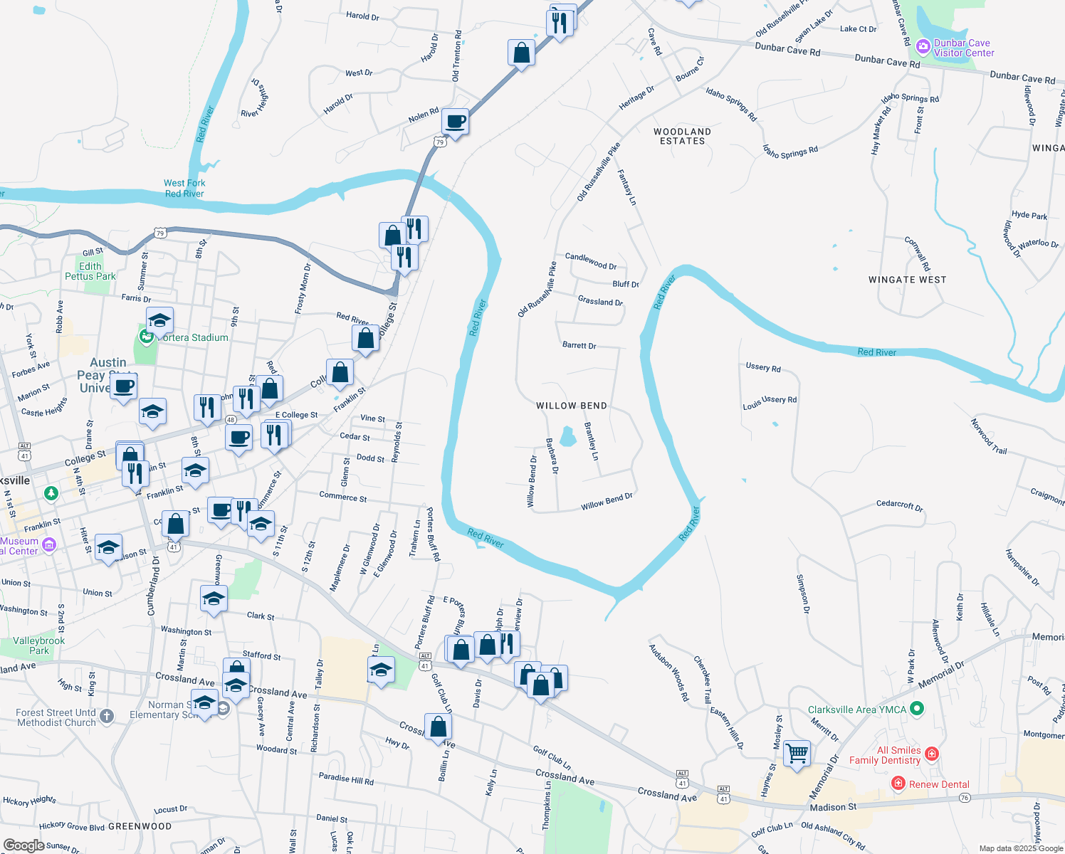 map of restaurants, bars, coffee shops, grocery stores, and more near 1332 Barbara Dr in Clarksville