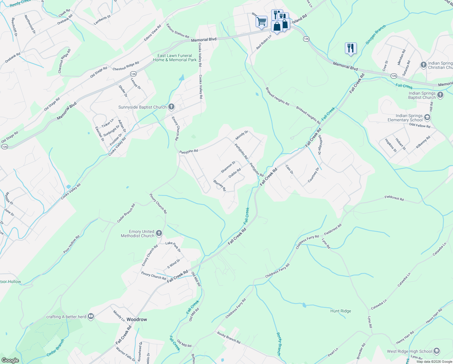 map of restaurants, bars, coffee shops, grocery stores, and more near 5007 Dublin Road in Kingsport