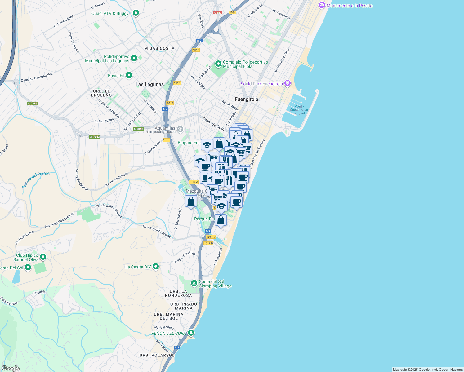 map of restaurants, bars, coffee shops, grocery stores, and more near 44 Calle Madrid in Fuengirola