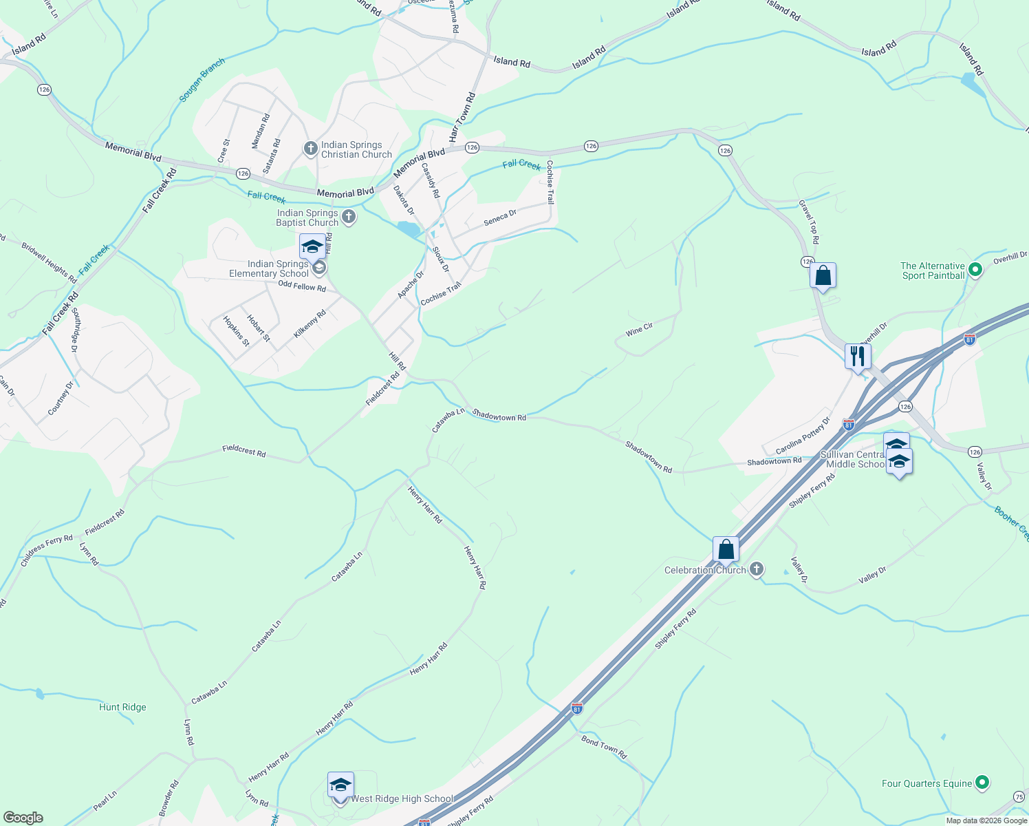 map of restaurants, bars, coffee shops, grocery stores, and more near 732 Shadowtown Road in Blountville