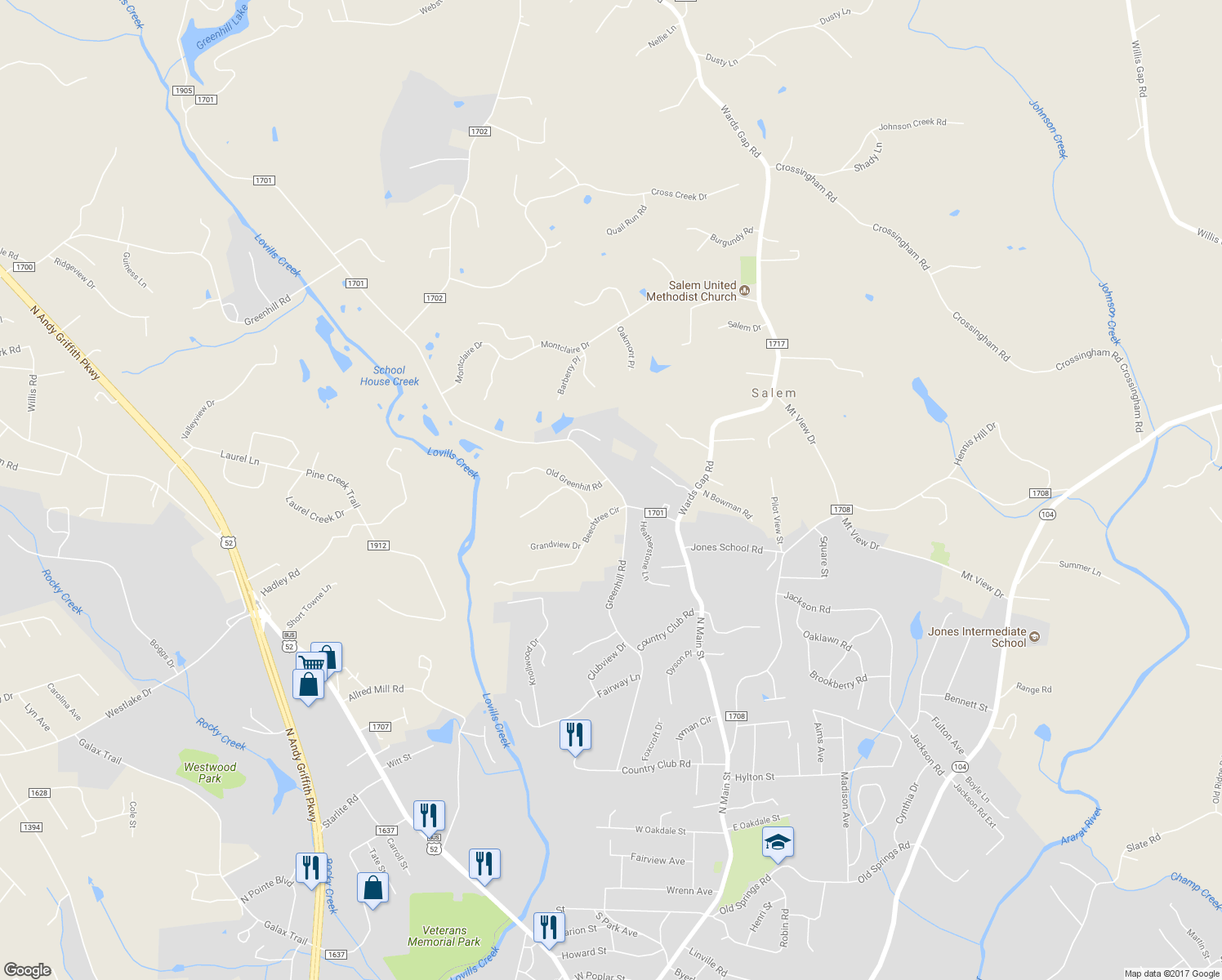 map of restaurants, bars, coffee shops, grocery stores, and more near 805 Greenhill Road in Mount Airy