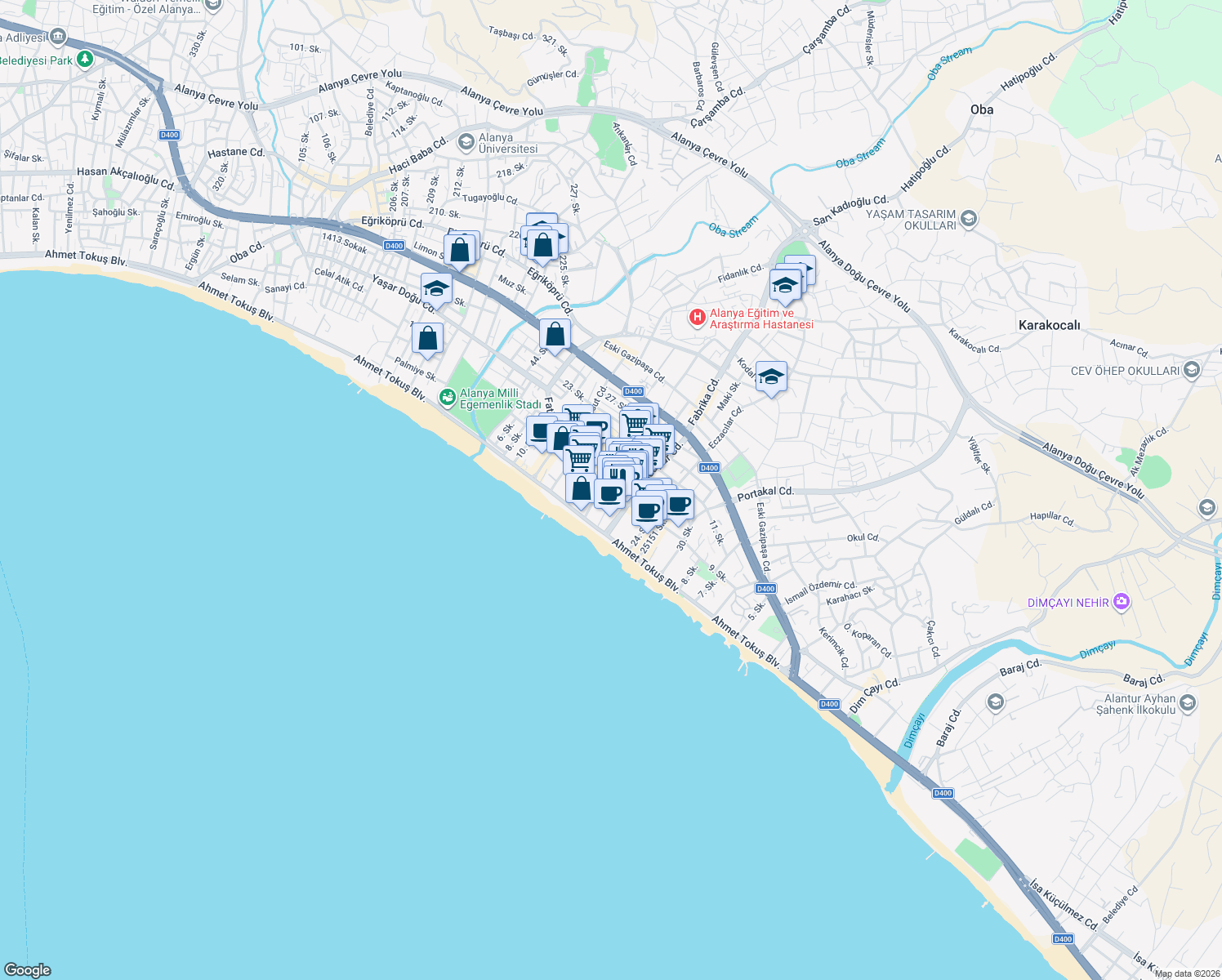 map of restaurants, bars, coffee shops, grocery stores, and more near 6 Fatih Caddesi in Alanya