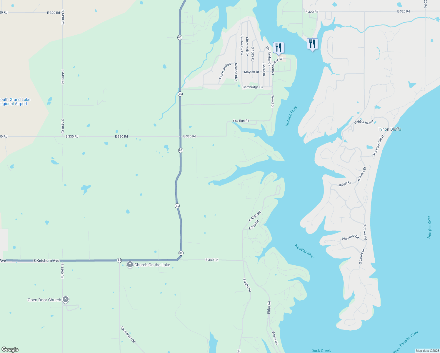 map of restaurants, bars, coffee shops, grocery stores, and more near 450303 East 333 Road in Afton