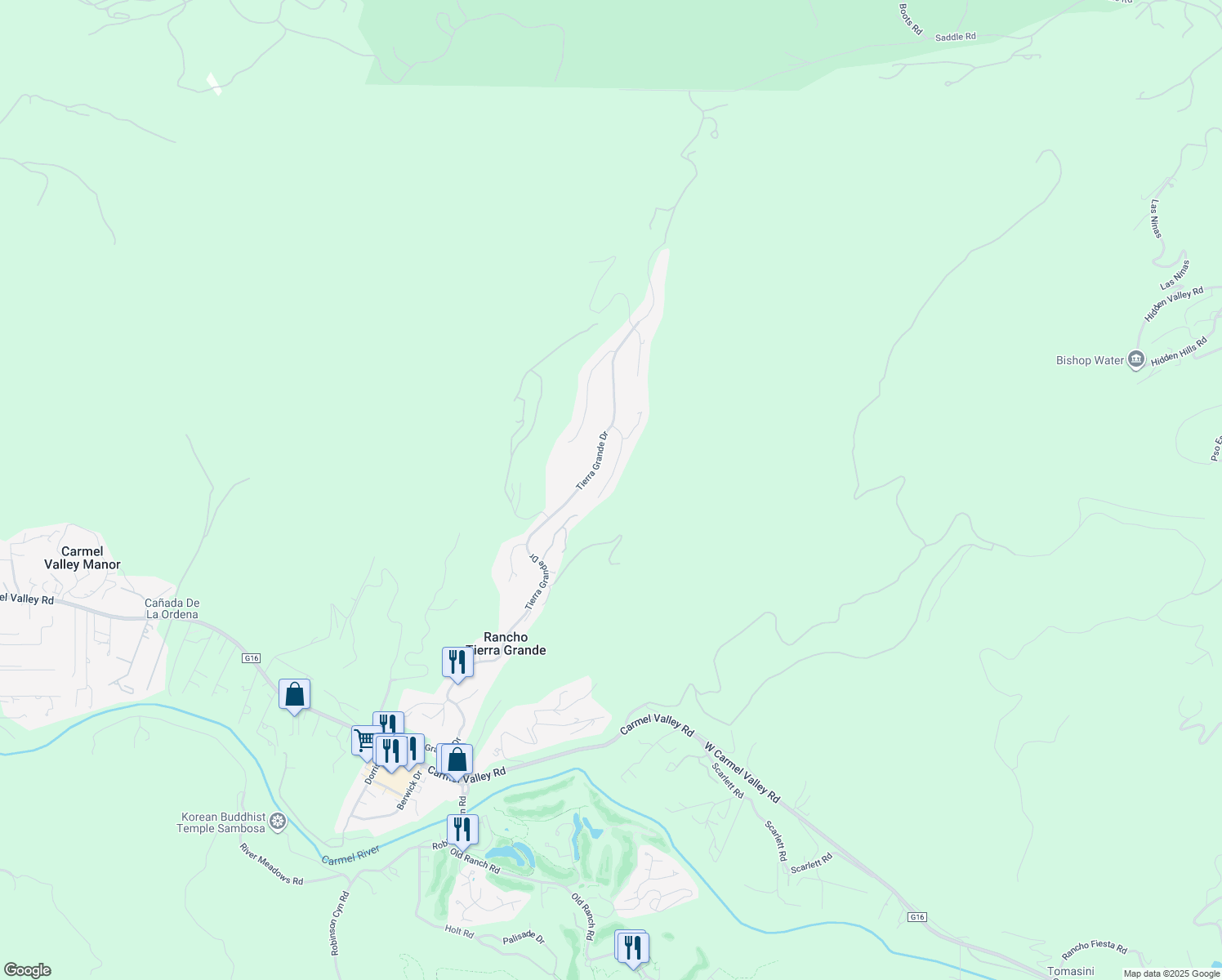 map of restaurants, bars, coffee shops, grocery stores, and more near 25530 Vía Paloma in Carmel