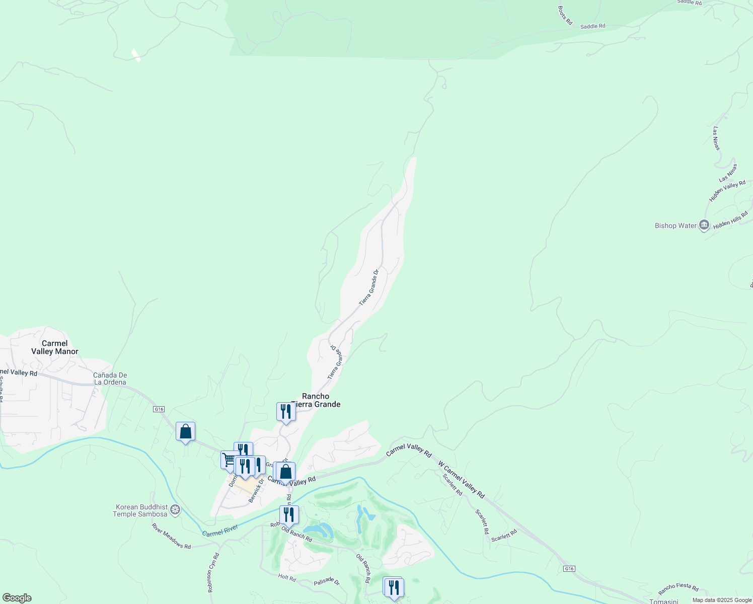 map of restaurants, bars, coffee shops, grocery stores, and more near 25530 Vía Paloma in Carmel