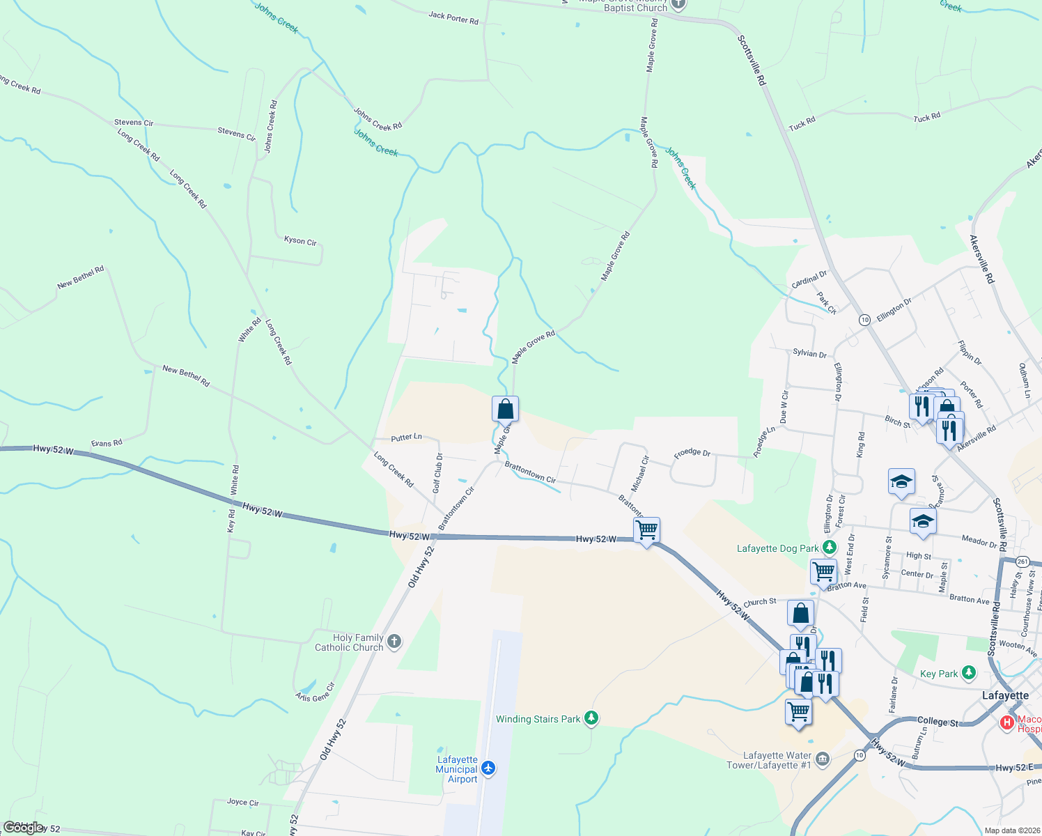 map of restaurants, bars, coffee shops, grocery stores, and more near 164 Maple Grove Road in Lafayette