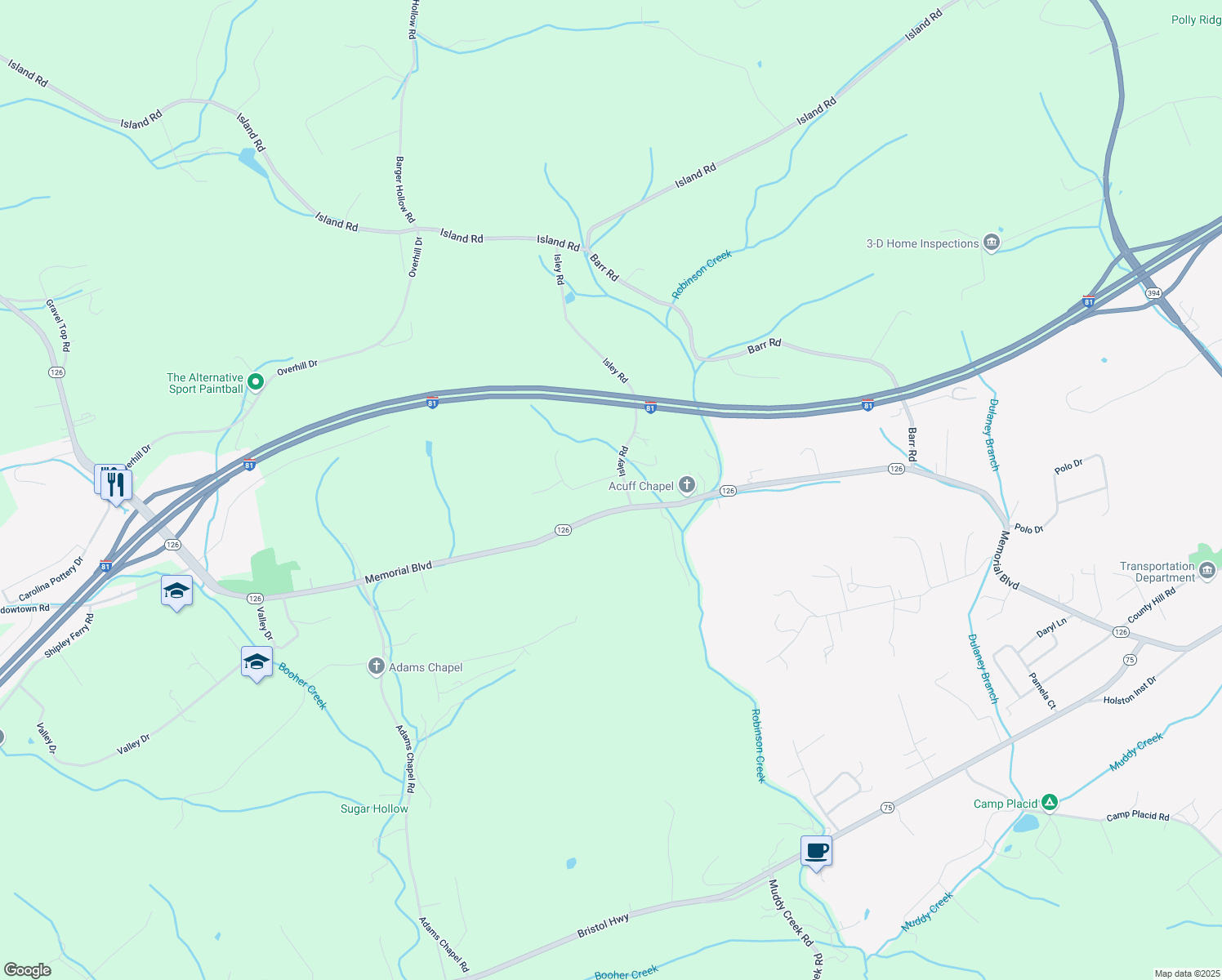 map of restaurants, bars, coffee shops, grocery stores, and more near 171 Isley Rd in Blountville
