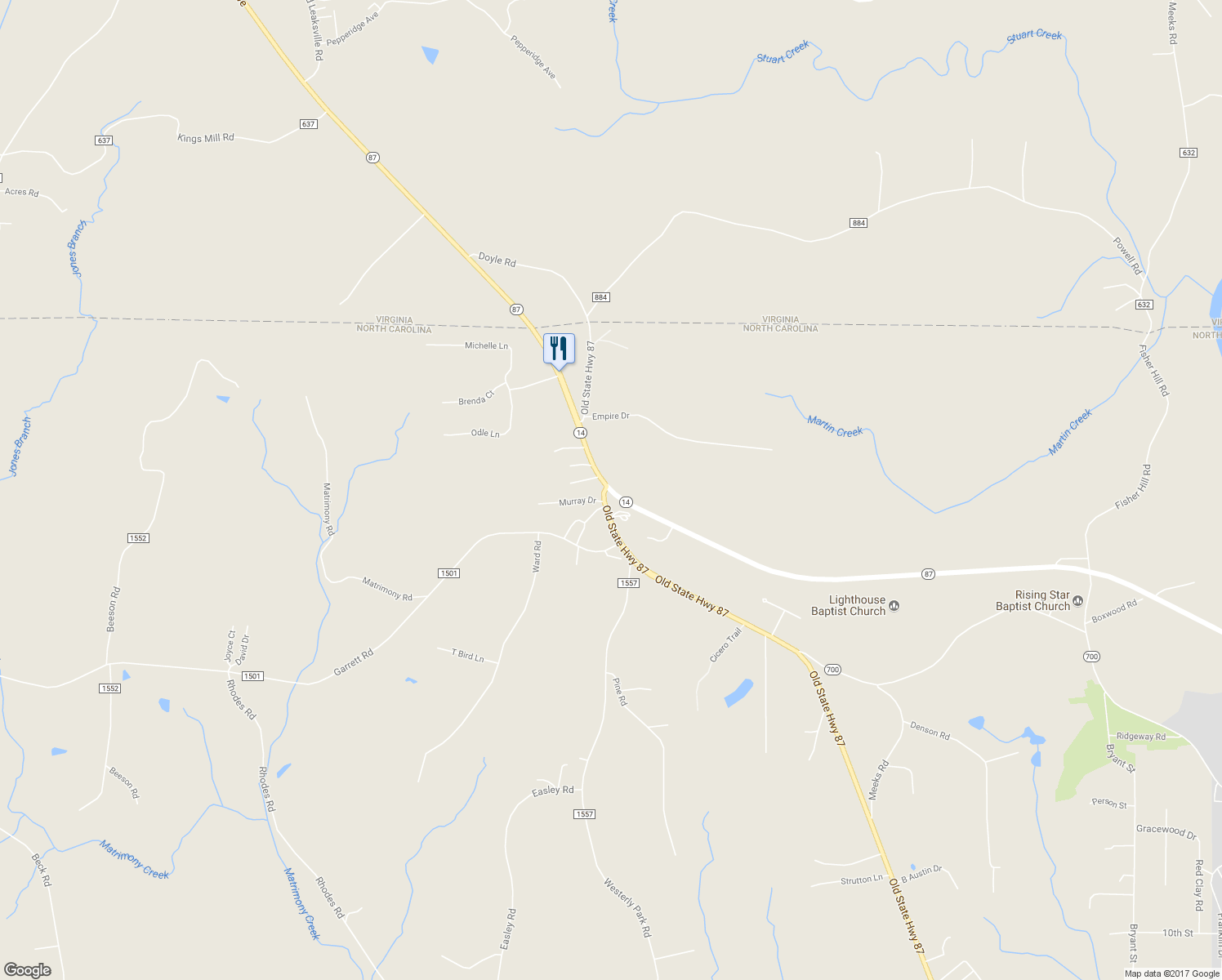 map of restaurants, bars, coffee shops, grocery stores, and more near 14571 North Carolina 87 in Eden