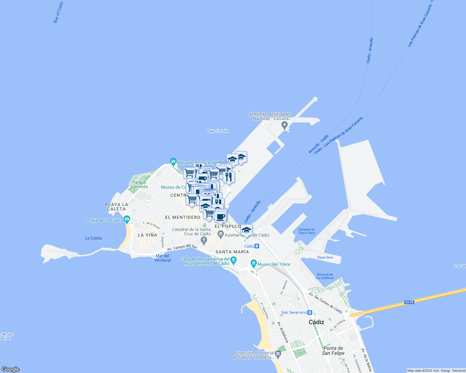 map of restaurants, bars, coffee shops, grocery stores, and more near 4 Avenida del Descubrimiento in Cádiz