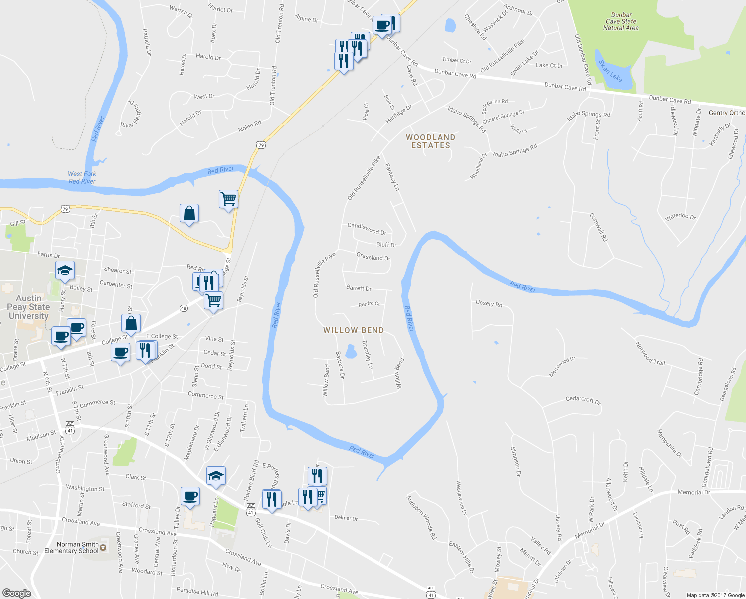 map of restaurants, bars, coffee shops, grocery stores, and more near 381 Renfro Court in Clarksville