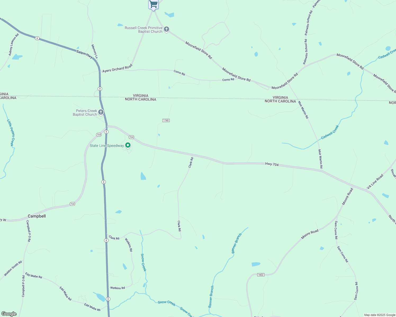 map of restaurants, bars, coffee shops, grocery stores, and more near 1438 North Carolina Highway 704 East in Lawsonville