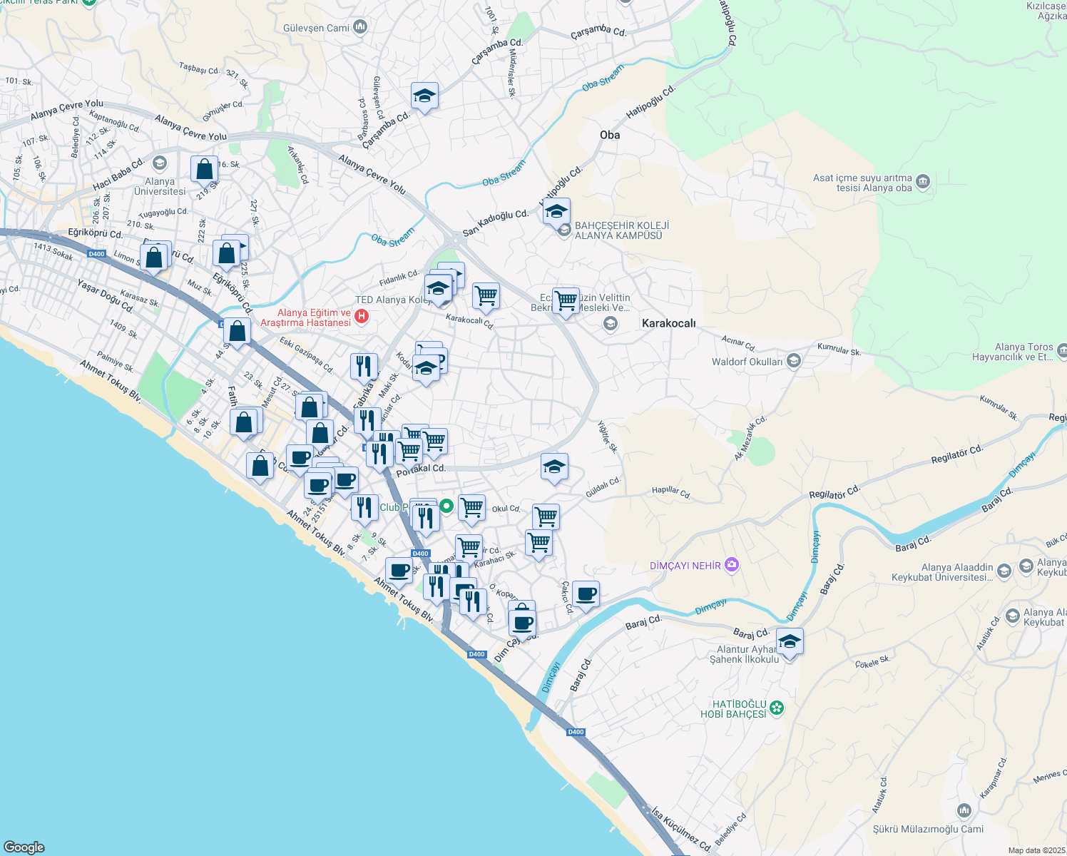 map of restaurants, bars, coffee shops, grocery stores, and more near 22 Bekirler Sokak in Alanya