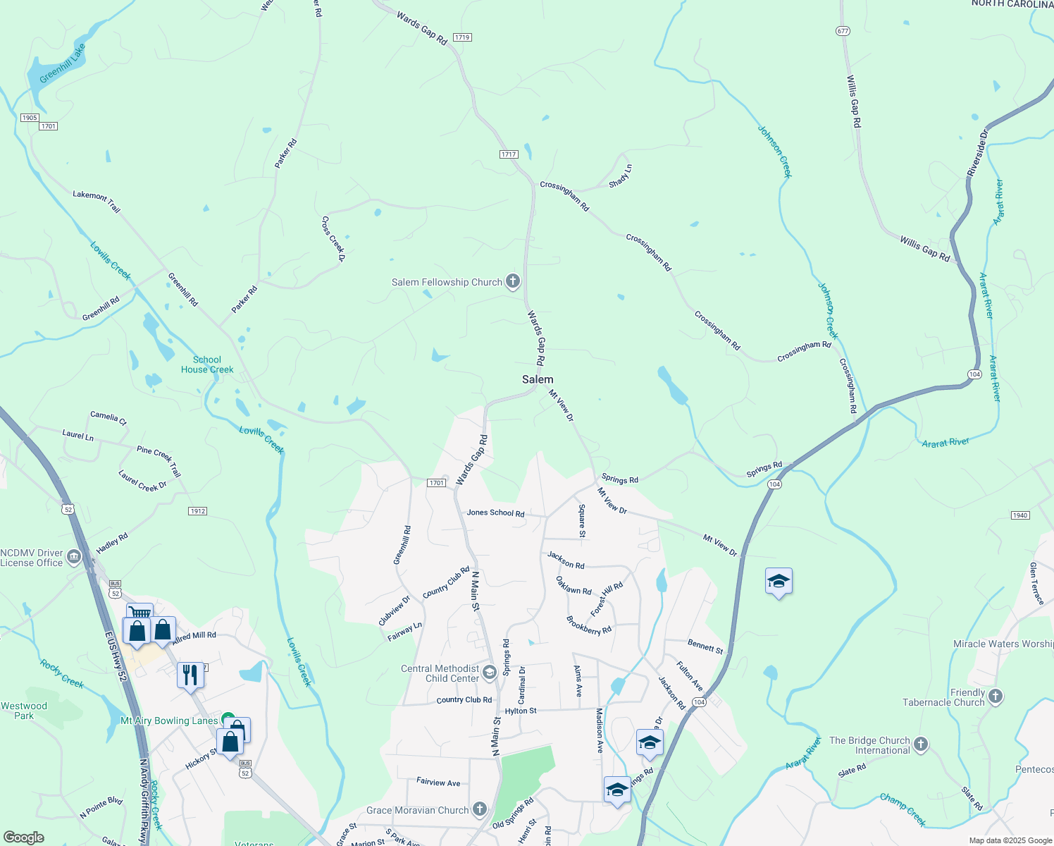 map of restaurants, bars, coffee shops, grocery stores, and more near 162 Mikaela Lane in Mount Airy