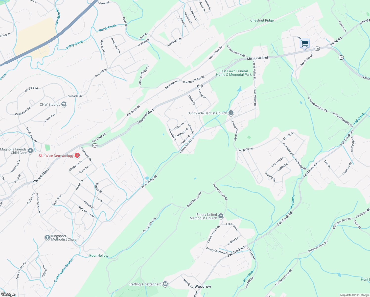 map of restaurants, bars, coffee shops, grocery stores, and more near 645 Cooks Valley Road in Kingsport