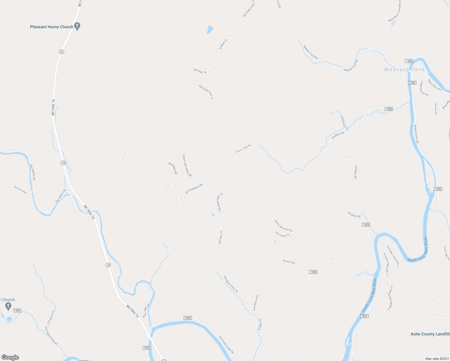 map of restaurants, bars, coffee shops, grocery stores, and more near North Carolina Highway 16 in Grassy Creek