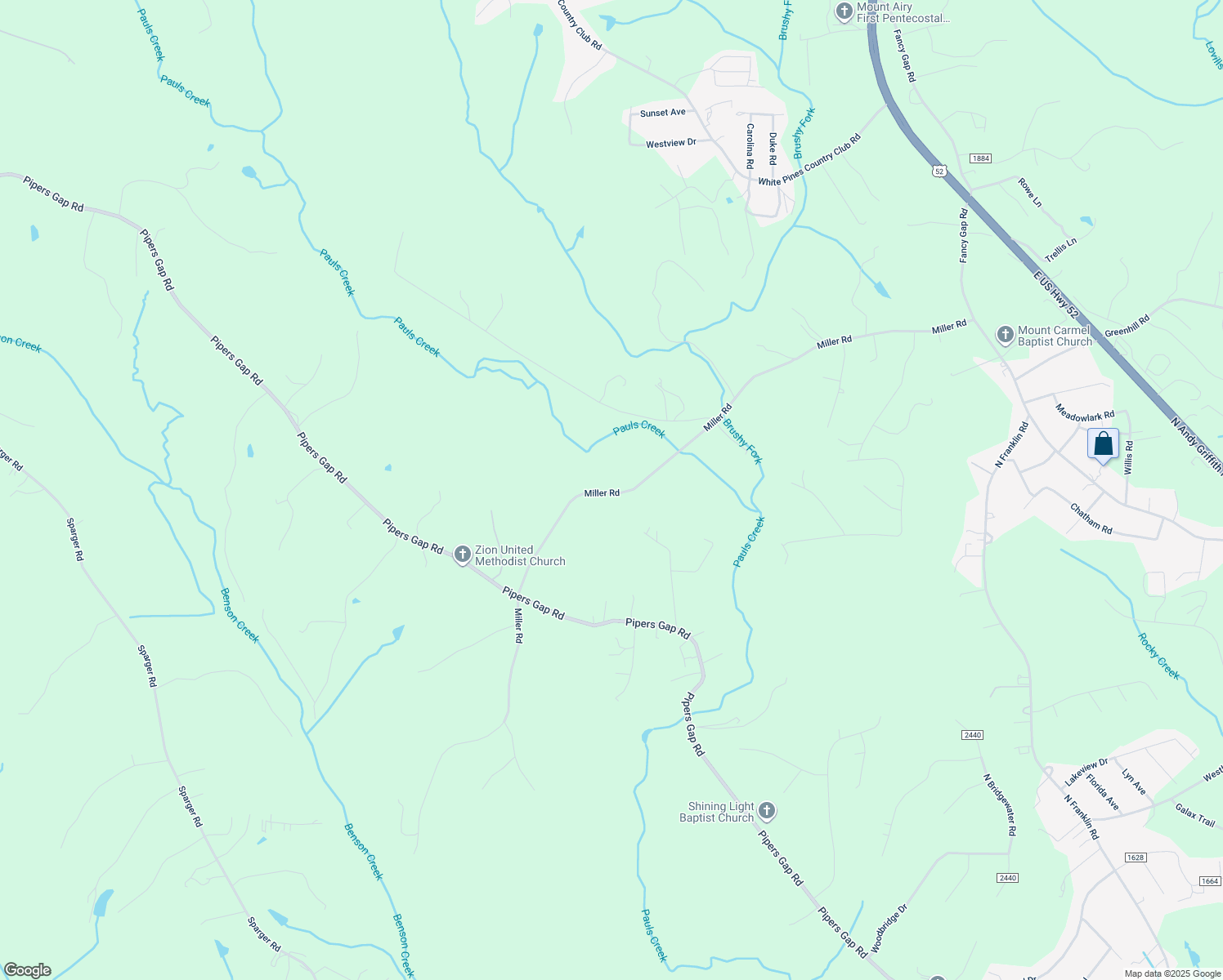 map of restaurants, bars, coffee shops, grocery stores, and more near 716 Miller Road in Mount Airy