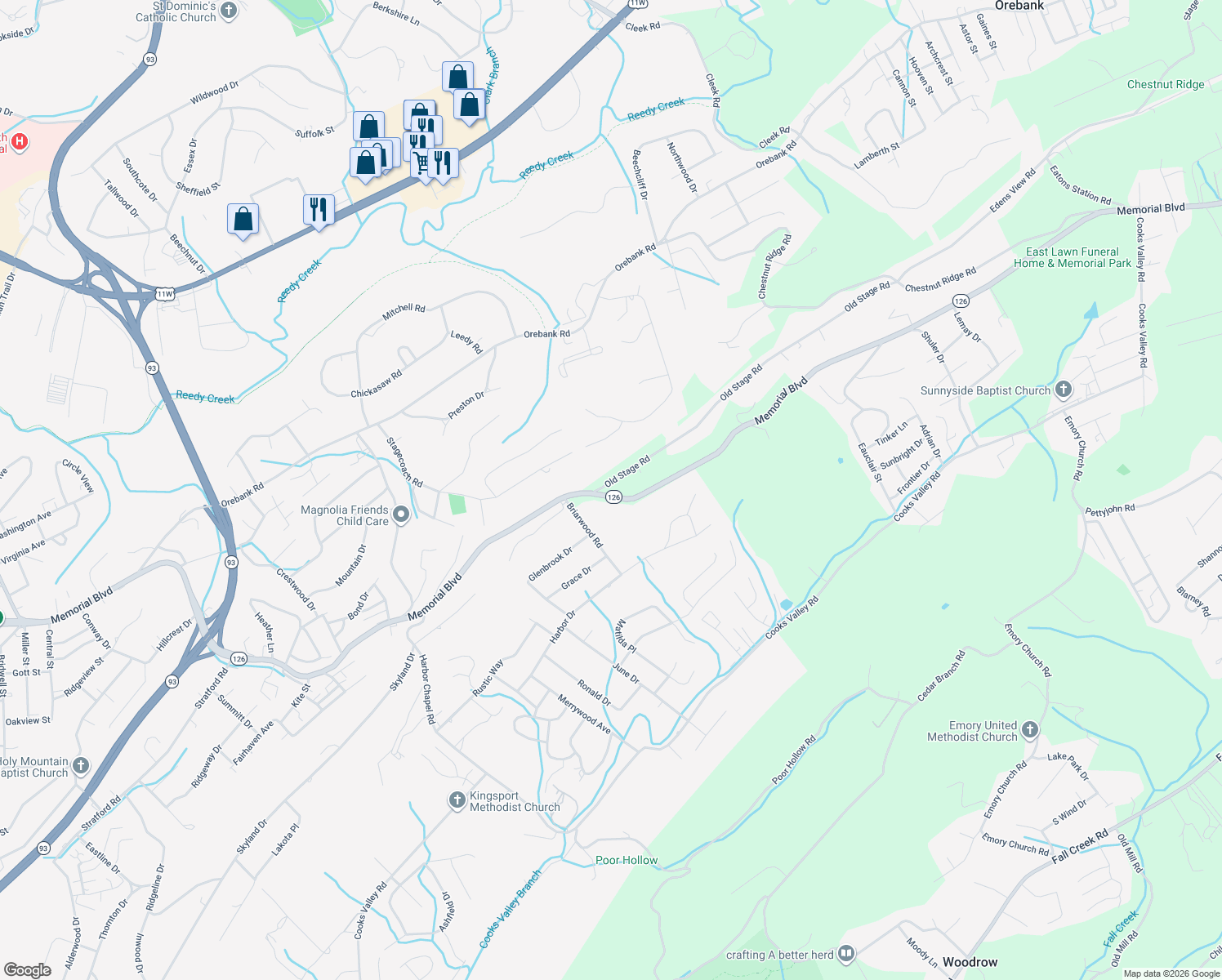 map of restaurants, bars, coffee shops, grocery stores, and more near 4500-4508 Old Stage Road in Kingsport