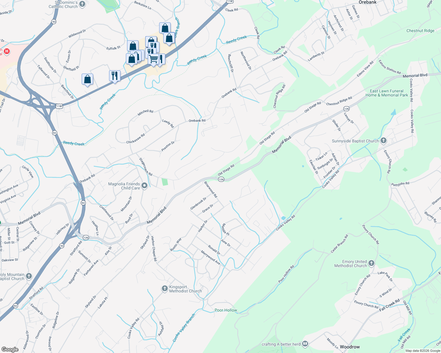 map of restaurants, bars, coffee shops, grocery stores, and more near 4500-4508 Old Stage Road in Kingsport