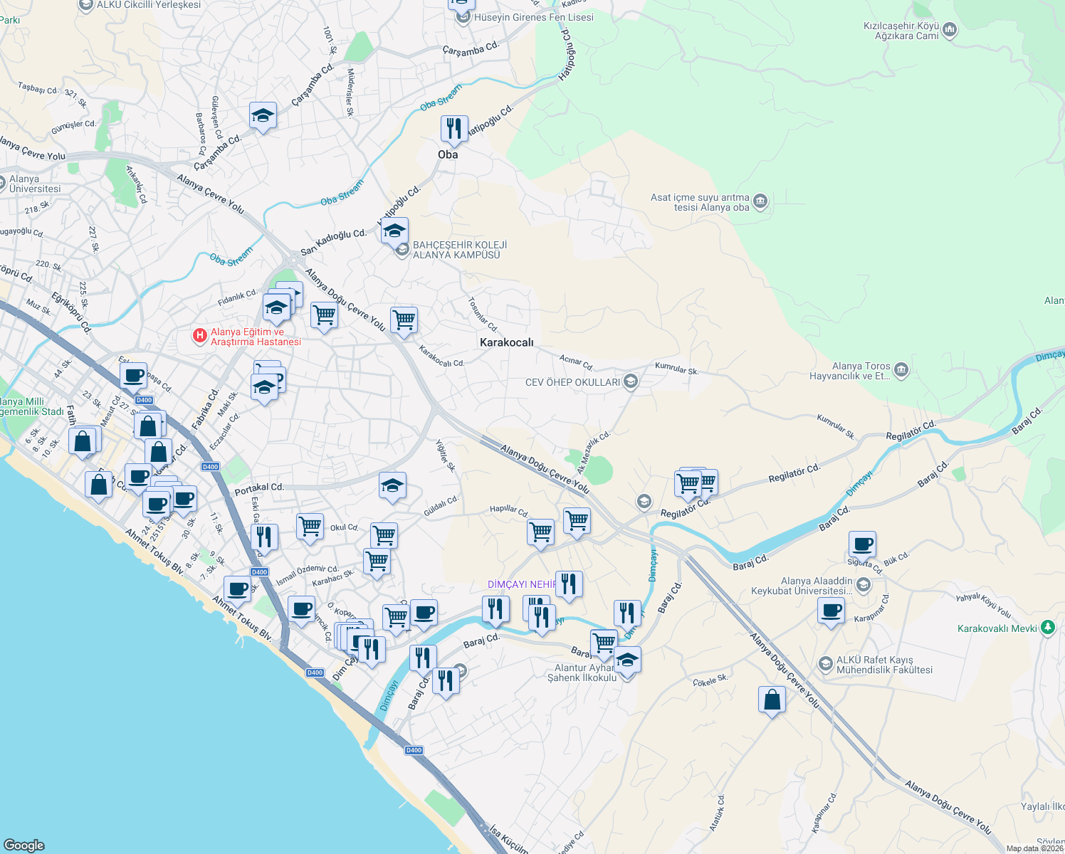 map of restaurants, bars, coffee shops, grocery stores, and more near 18 Ergün 1. Sokak in Alanya