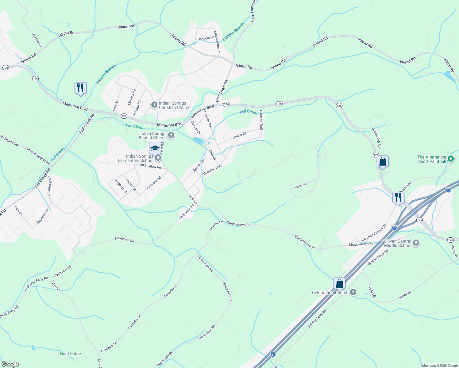 map of restaurants, bars, coffee shops, grocery stores, and more near 285 Spurgeon Road in Blountville