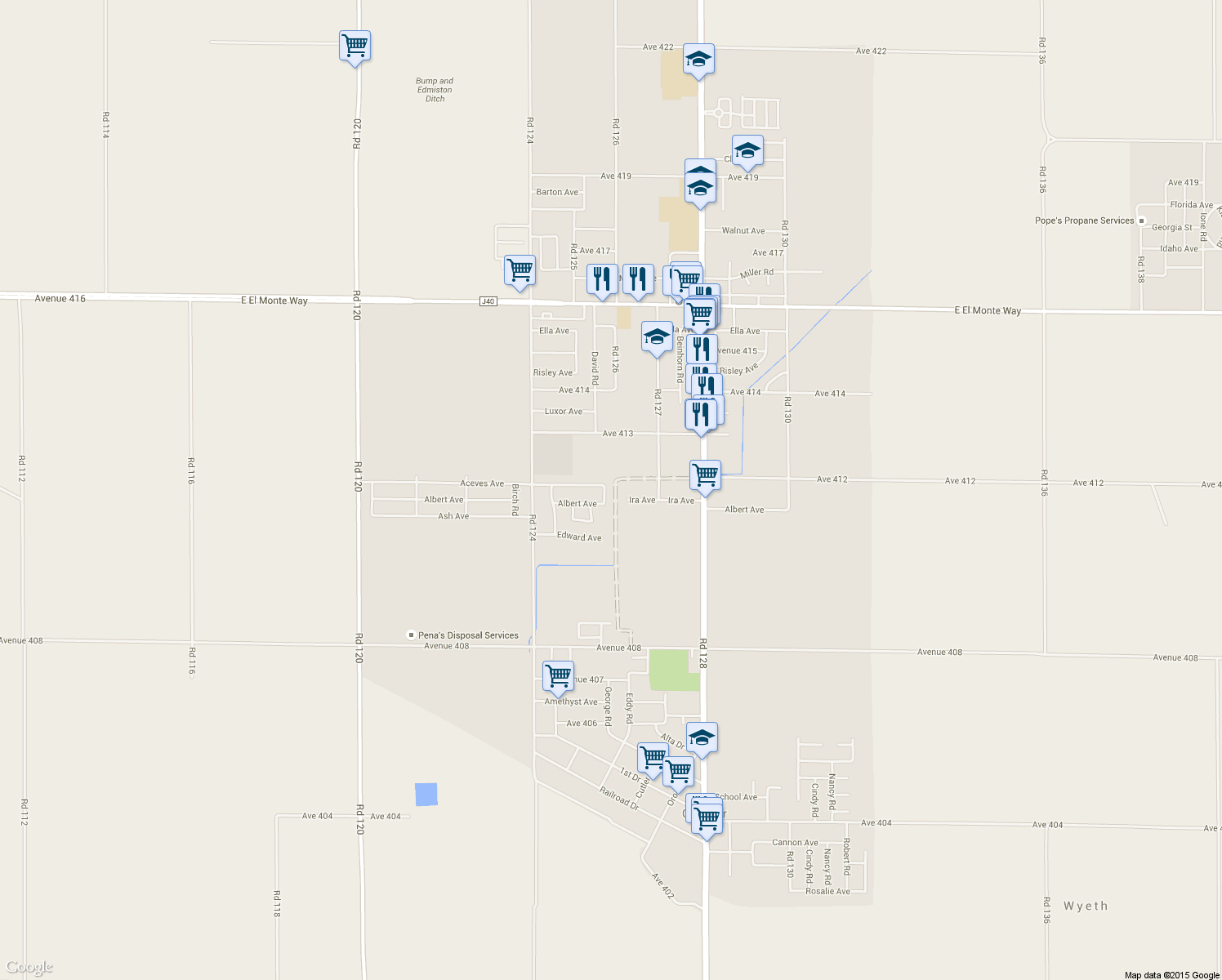 map of restaurants, bars, coffee shops, grocery stores, and more near 41164 David Rd in Orosi