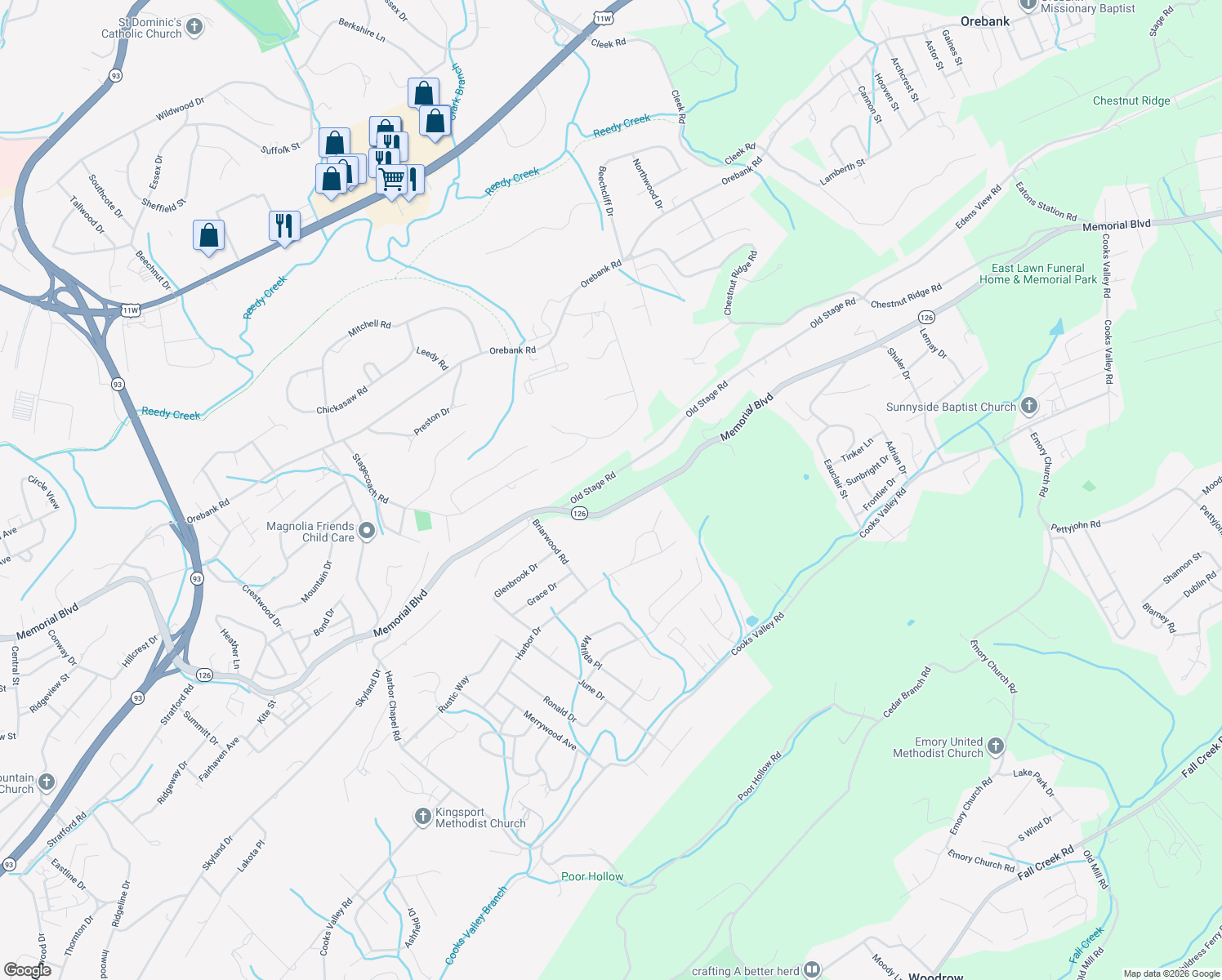 map of restaurants, bars, coffee shops, grocery stores, and more near 4507 Old Stage Road in Kingsport