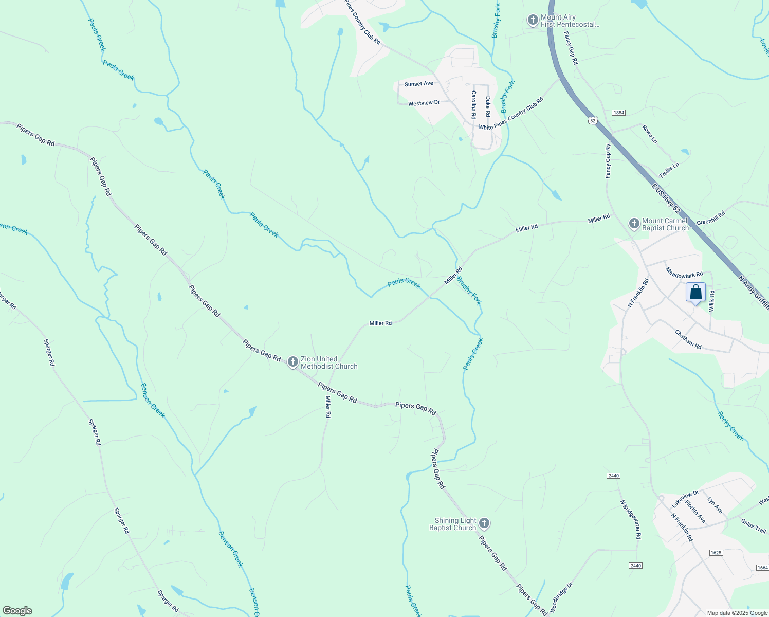 map of restaurants, bars, coffee shops, grocery stores, and more near 716 Miller Road in Mount Airy