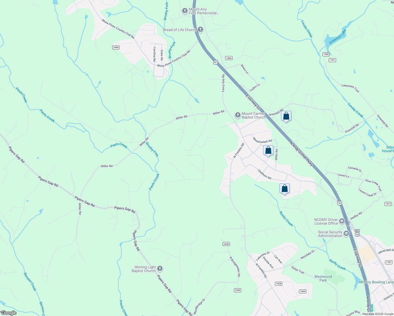 map of restaurants, bars, coffee shops, grocery stores, and more near 150 Pleasant Drive in Mount Airy