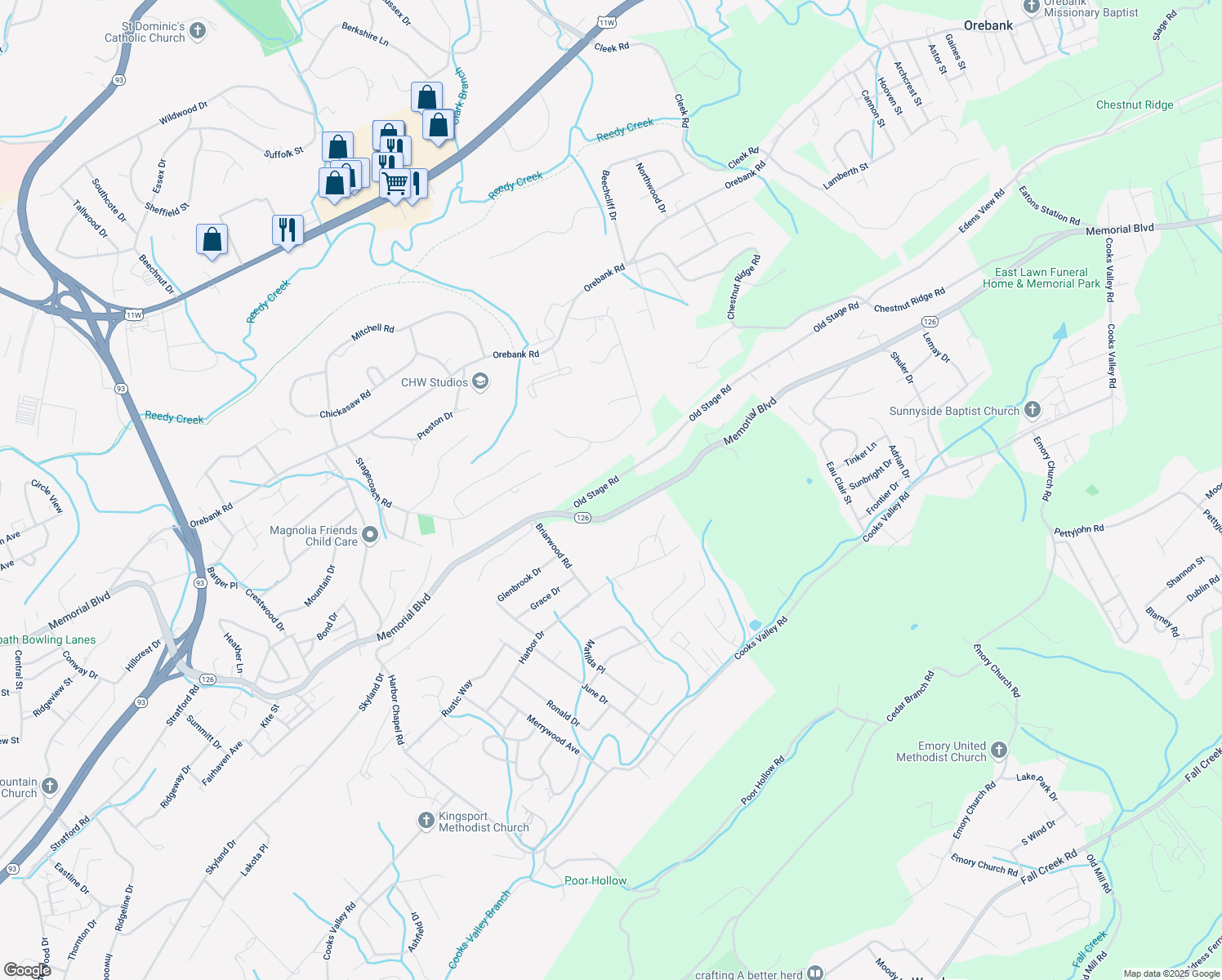 map of restaurants, bars, coffee shops, grocery stores, and more near 4509 Old Stage Road in Kingsport